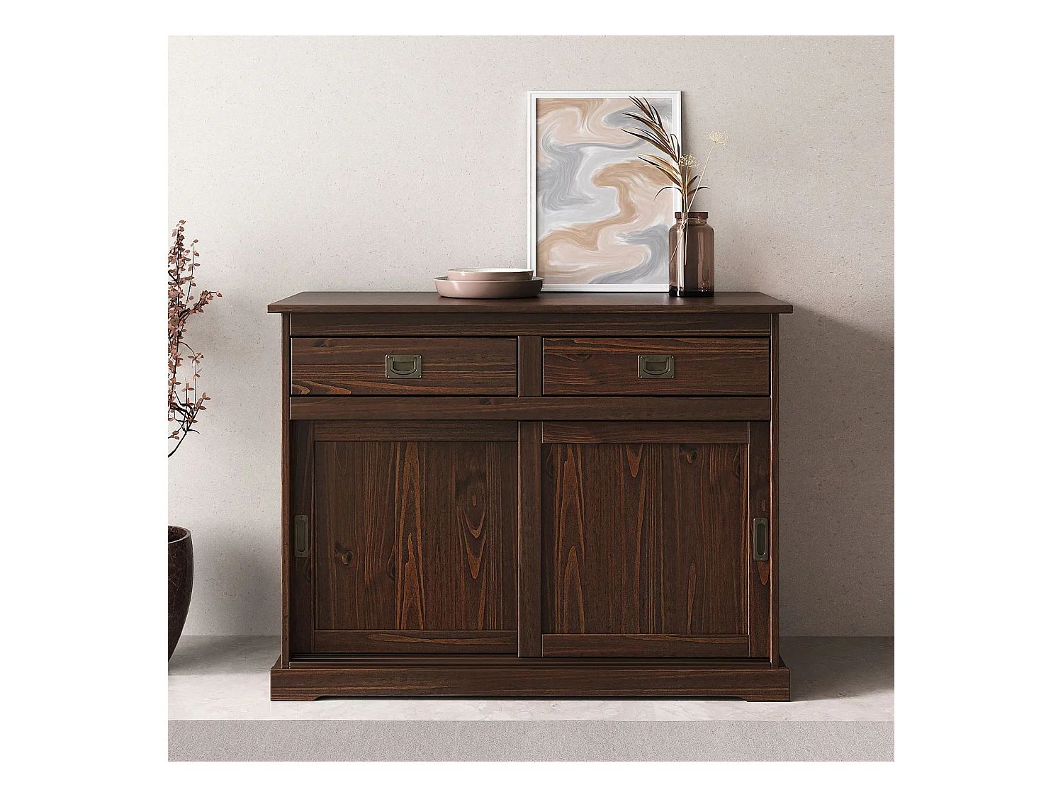 Buffet SAVONA bahut vaisselier commode avec 2 tiroirs et 2 portes coulissantes, en pin massif coloris noyer