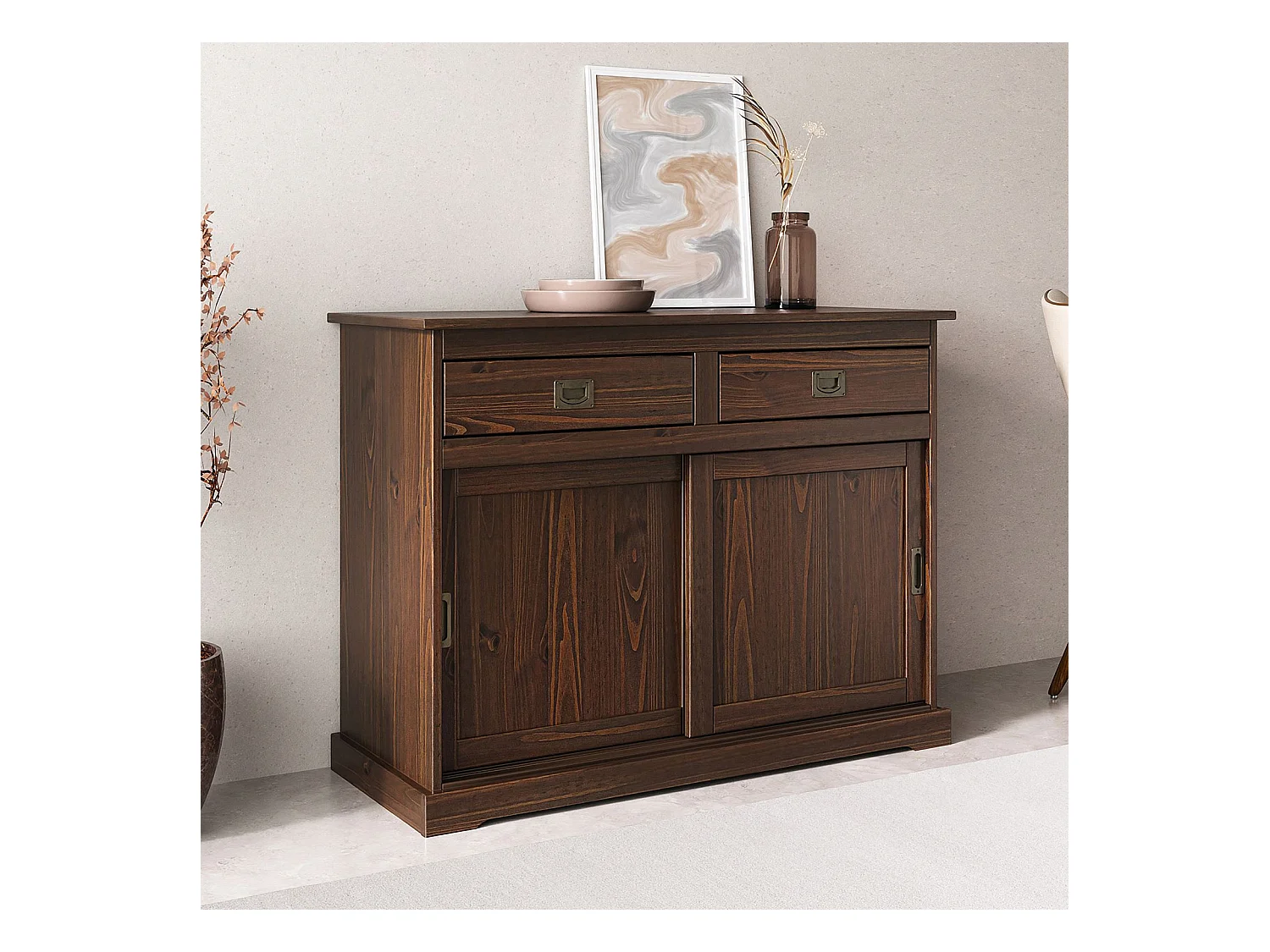 Buffet SAVONA bahut vaisselier commode avec 2 tiroirs et 2 portes coulissantes, en pin massif coloris noyer