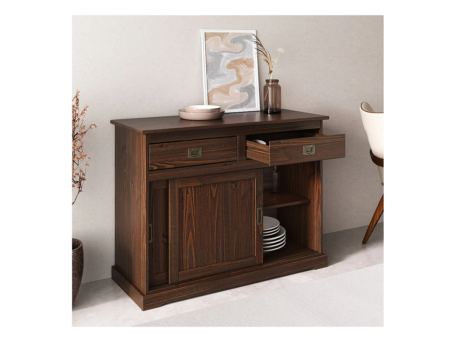 Buffet SAVONA bahut vaisselier commode avec 2 tiroirs et 2 portes coulissantes, en pin massif coloris noyer