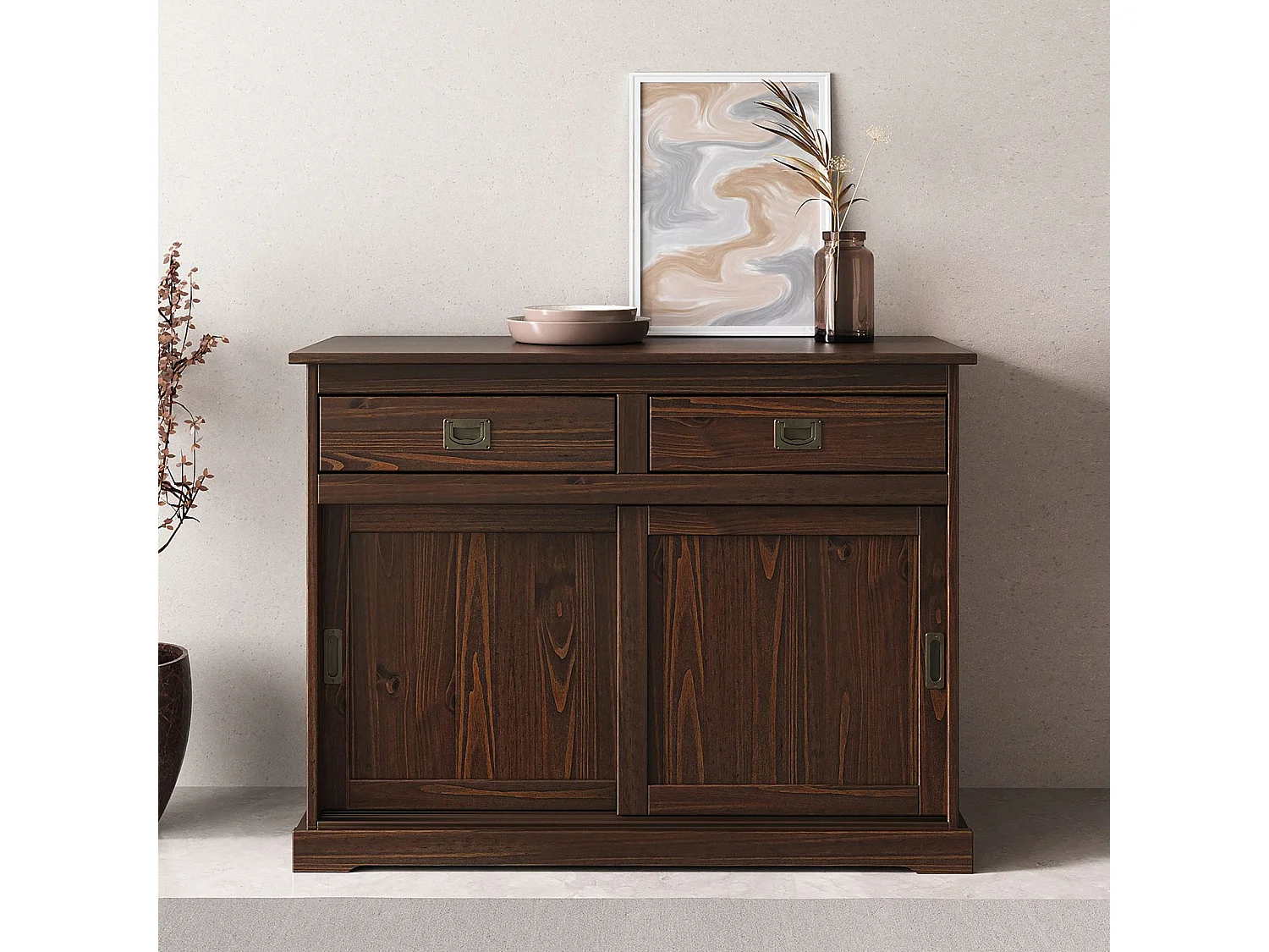 Buffet SAVONA bahut vaisselier commode avec 2 tiroirs et 2 portes coulissantes, en pin massif coloris noyer