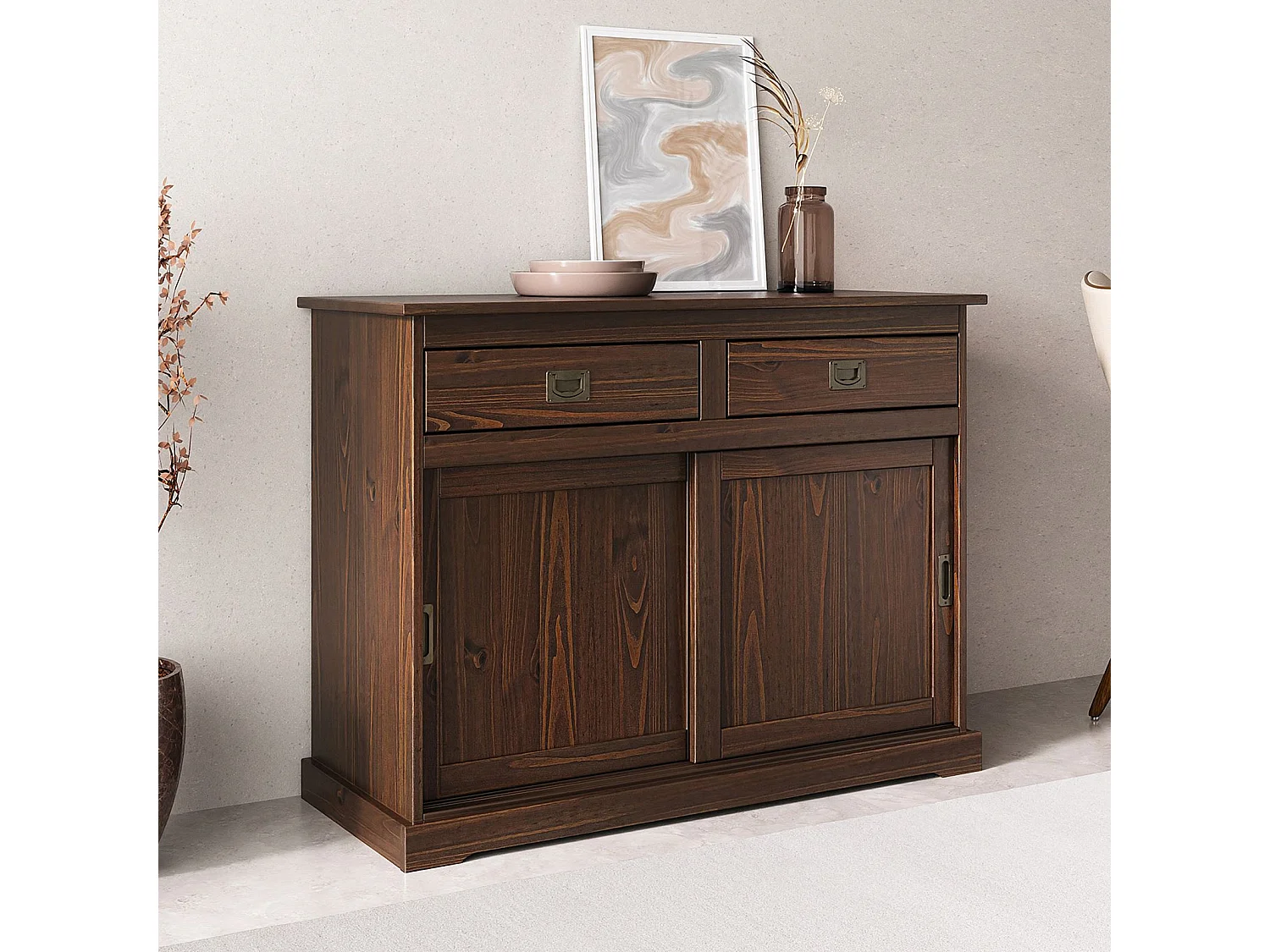 Buffet SAVONA bahut vaisselier commode avec 2 tiroirs et 2 portes coulissantes, en pin massif coloris noyer
