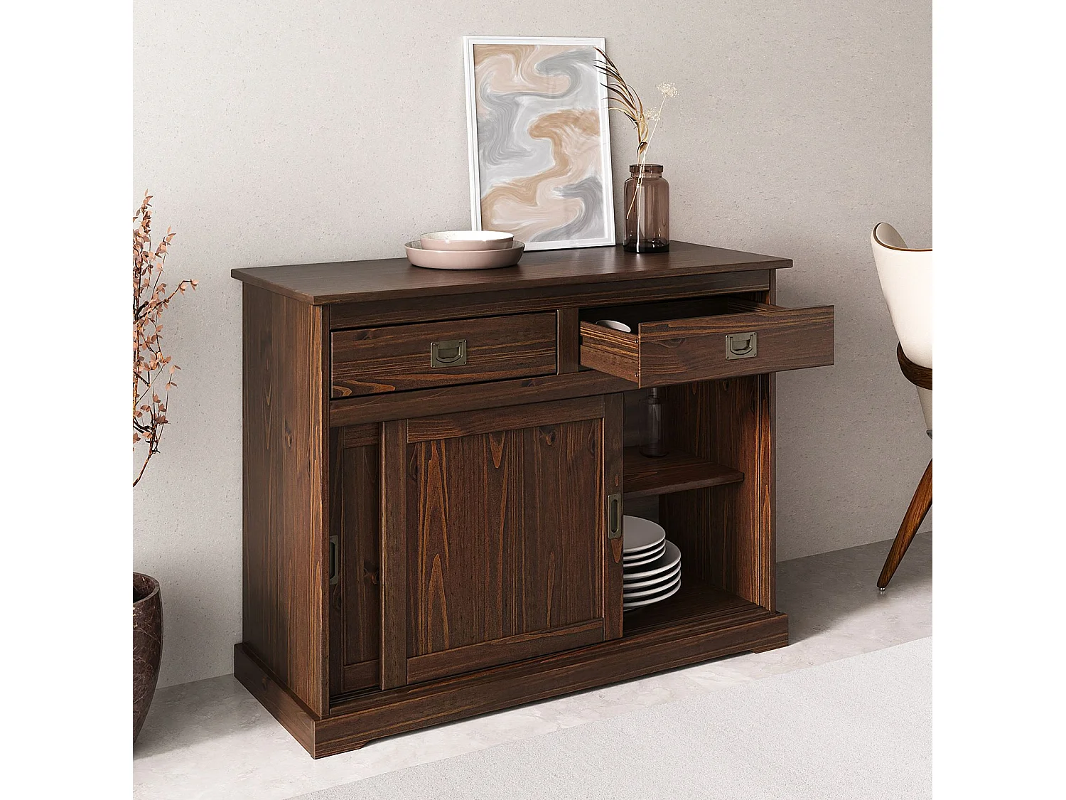 Buffet SAVONA bahut vaisselier commode avec 2 tiroirs et 2 portes coulissantes, en pin massif coloris noyer