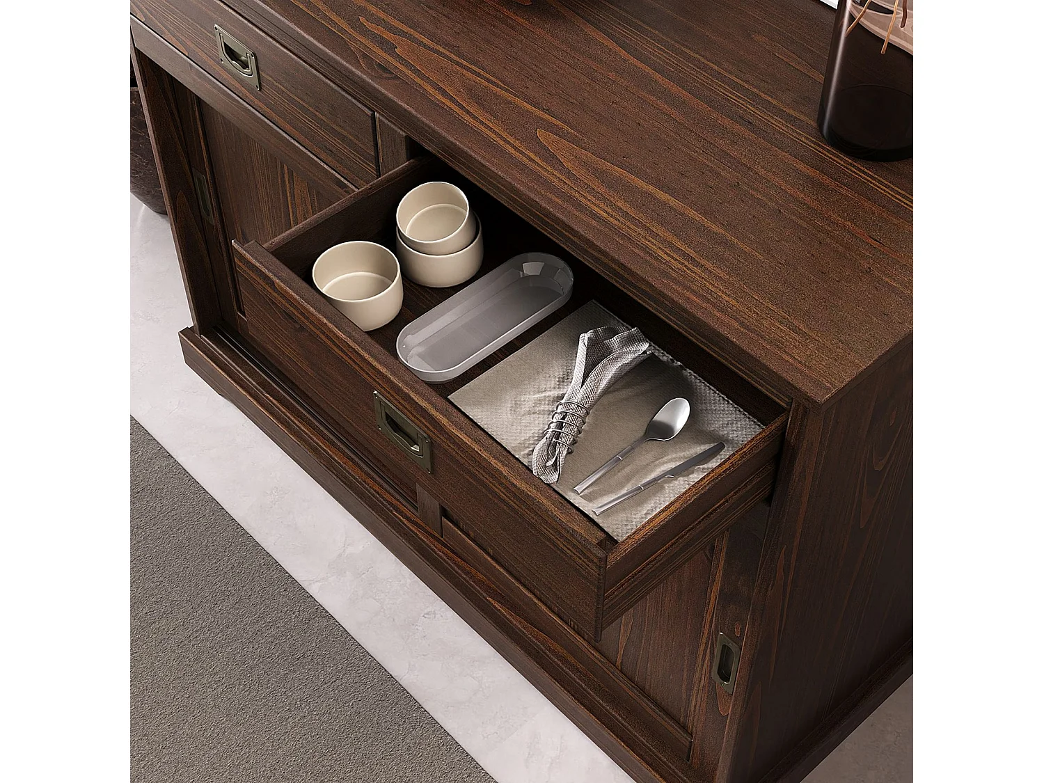 Buffet SAVONA bahut vaisselier commode avec 2 tiroirs et 2 portes coulissantes, en pin massif coloris noyer