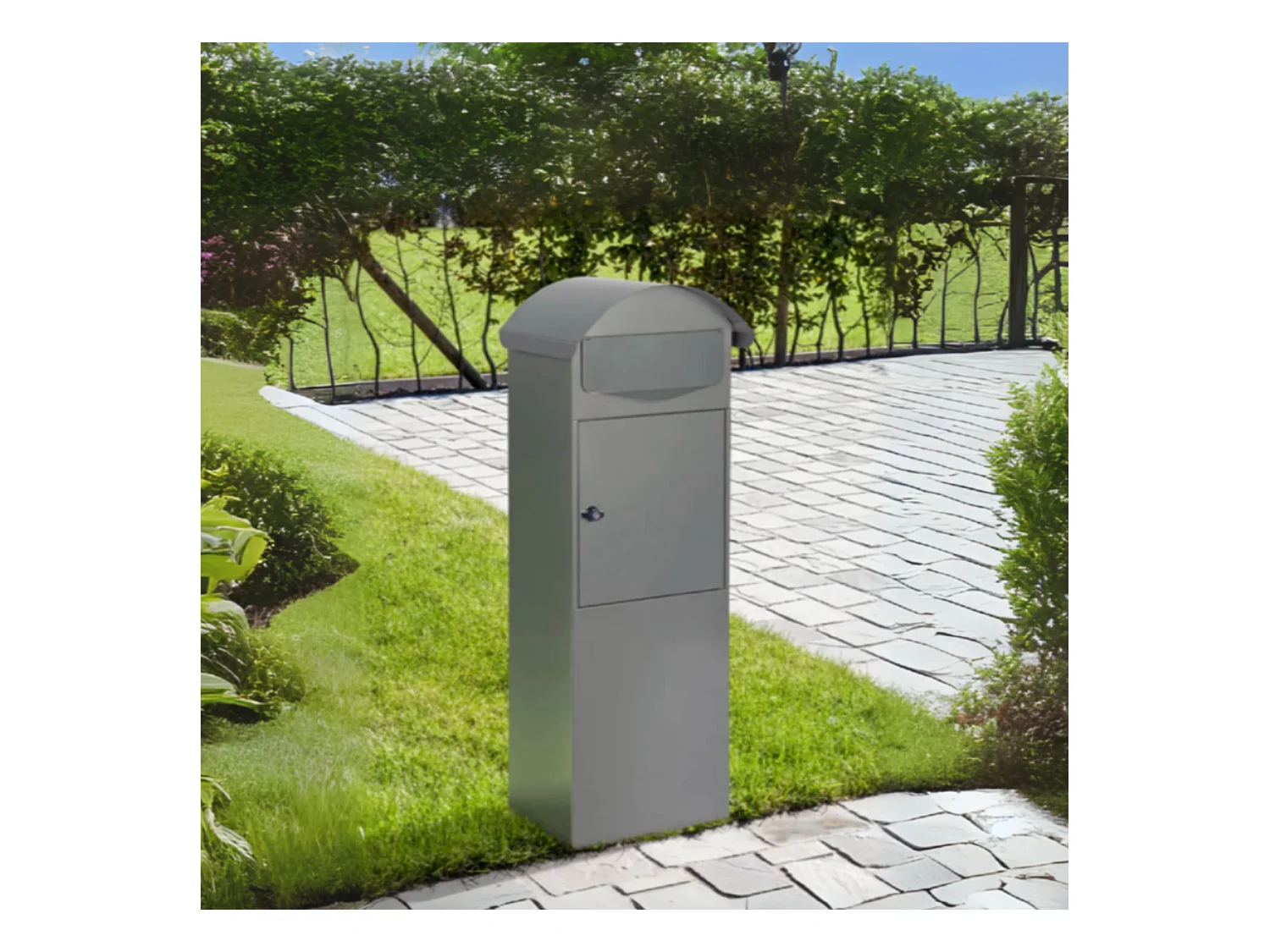 Boîte aux lettres sur pied Gris mat, compatible A4 et journaux, avec serrure et fixation au sol incluse