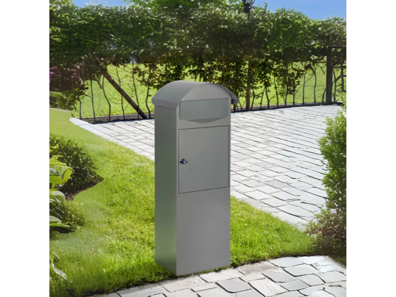 Boîte aux lettres sur pied Gris mat, compatible A4 et journaux, avec serrure et fixation au sol incluse