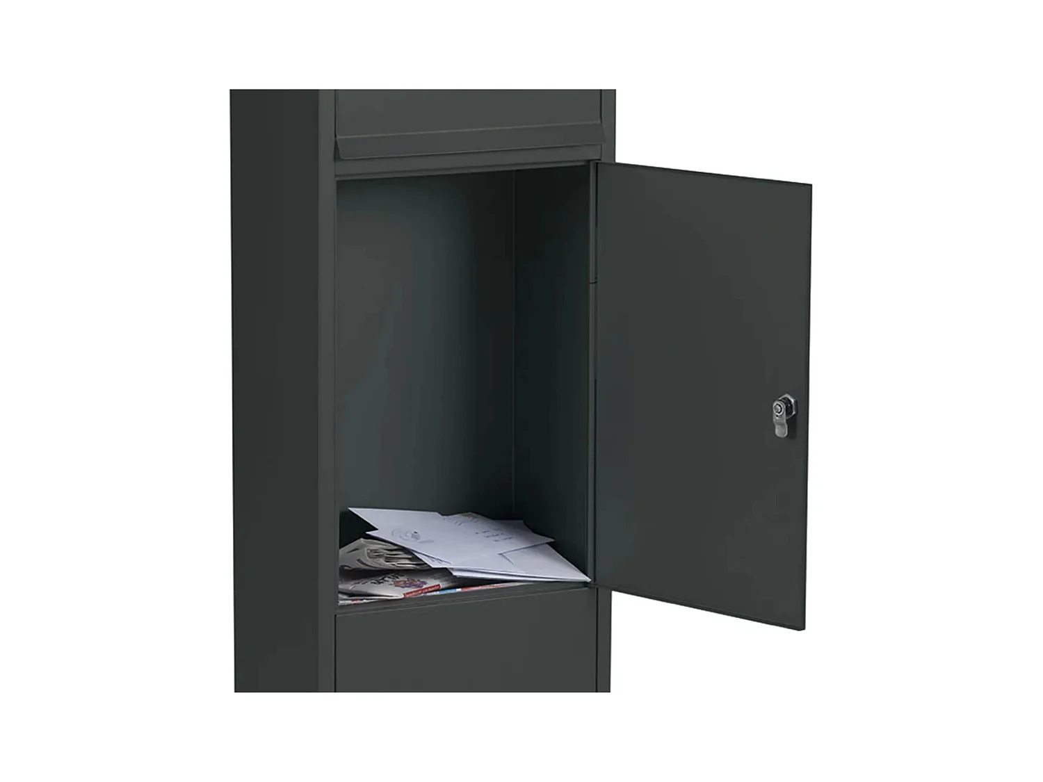 Boîte aux lettres colonne FRANKURT noire, grande ouverture A4, fixation au sol, serrure à clé