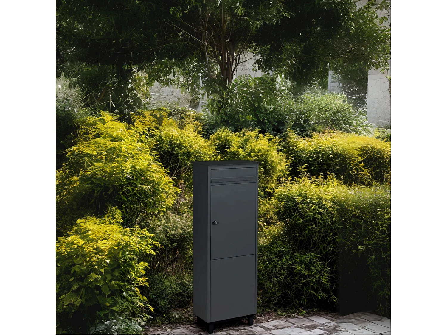 Boîte aux lettres colonne FRANKURT noire, grande ouverture A4, fixation au sol, serrure à clé