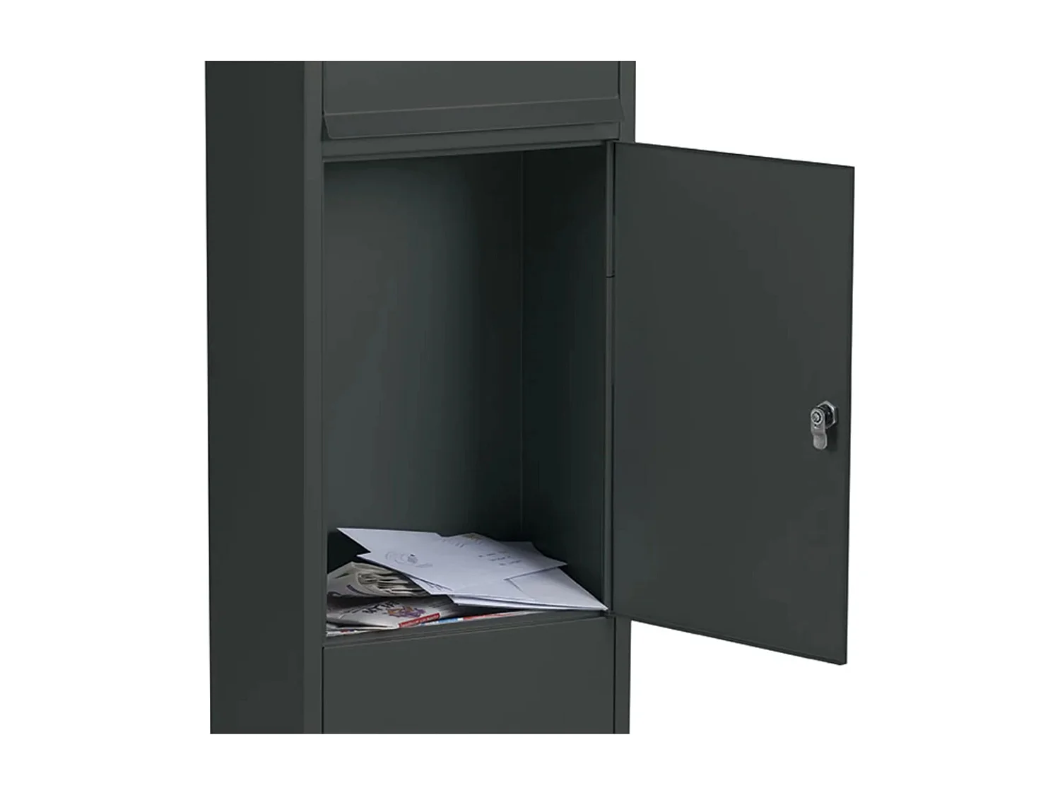 Boîte aux lettres colonne FRANKURT noire, grande ouverture A4, fixation au sol, serrure à clé