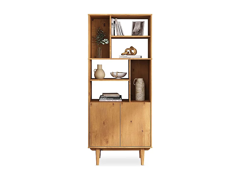 Buffet haut SIMONA 80x188 cm en bois massif coloris chêne avec 2 Portes 6 Étagères, Vaisselier en hauteur