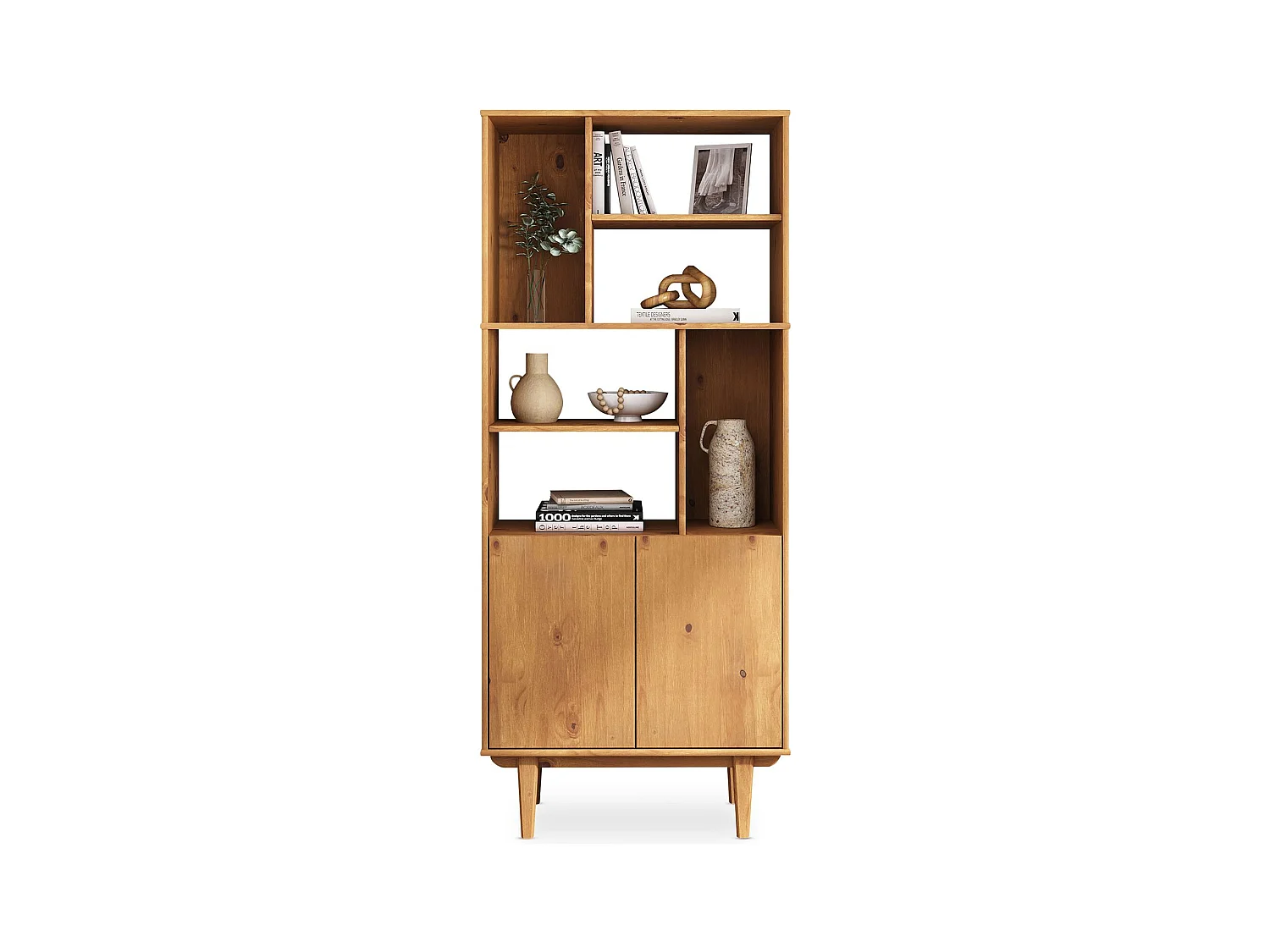 Buffet haut SIMONA 80x188 cm en bois massif coloris chêne avec 2 Portes 6 Étagères, Vaisselier en hauteur