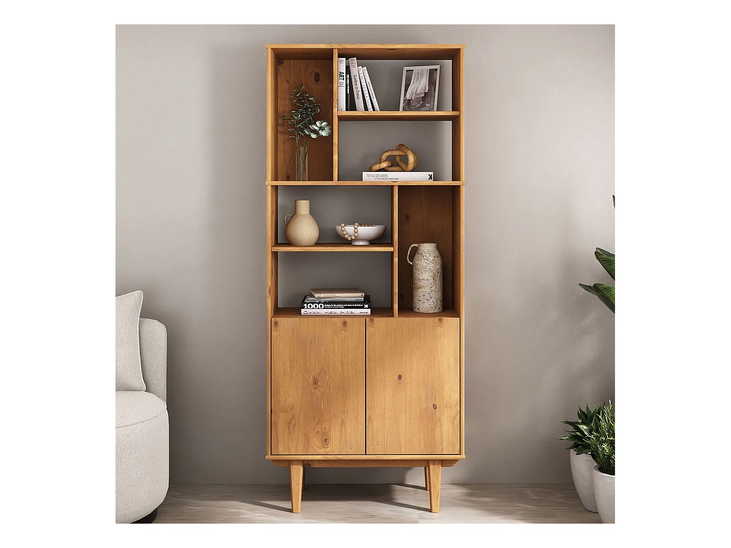 Buffet haut SIMONA 80x188 cm en bois massif coloris chêne avec 2 Portes 6 Étagères, Vaisselier en hauteur