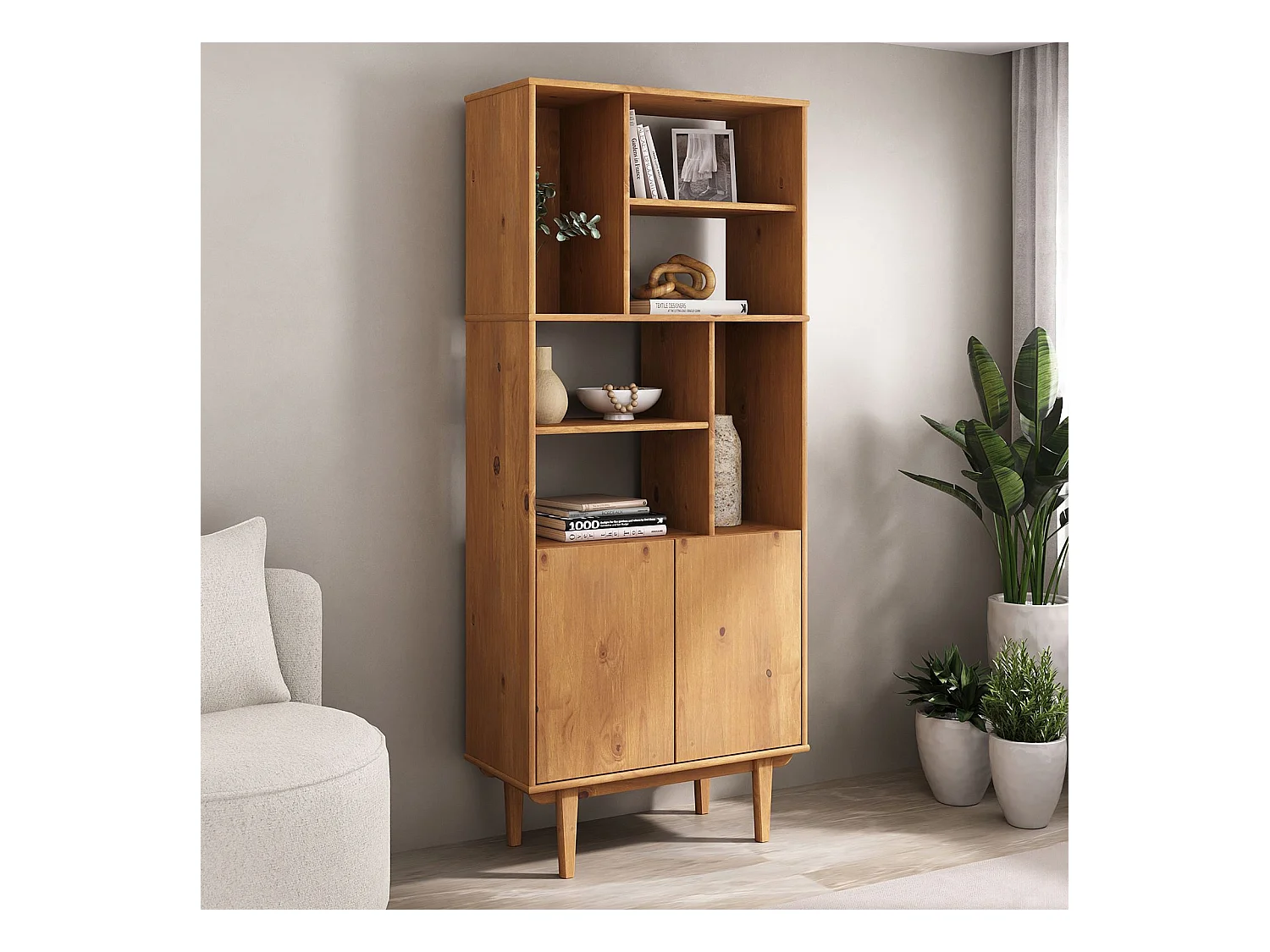 Buffet haut SIMONA 80x188 cm en bois massif coloris chêne avec 2 Portes 6 Étagères, Vaisselier en hauteur