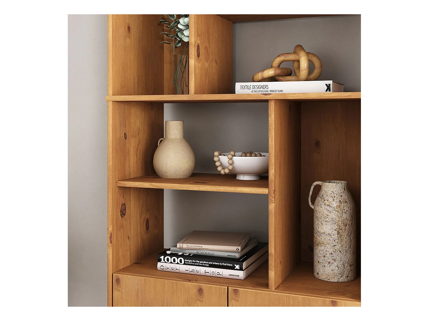 Buffet haut SIMONA 80x188 cm en bois massif coloris chêne avec 2 Portes 6 Étagères, Vaisselier en hauteur