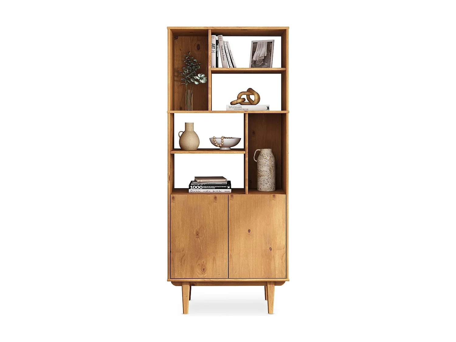 Buffet haut SIMONA 80x188 cm en bois massif coloris chêne avec 2 Portes 6 Étagères, Vaisselier en hauteur