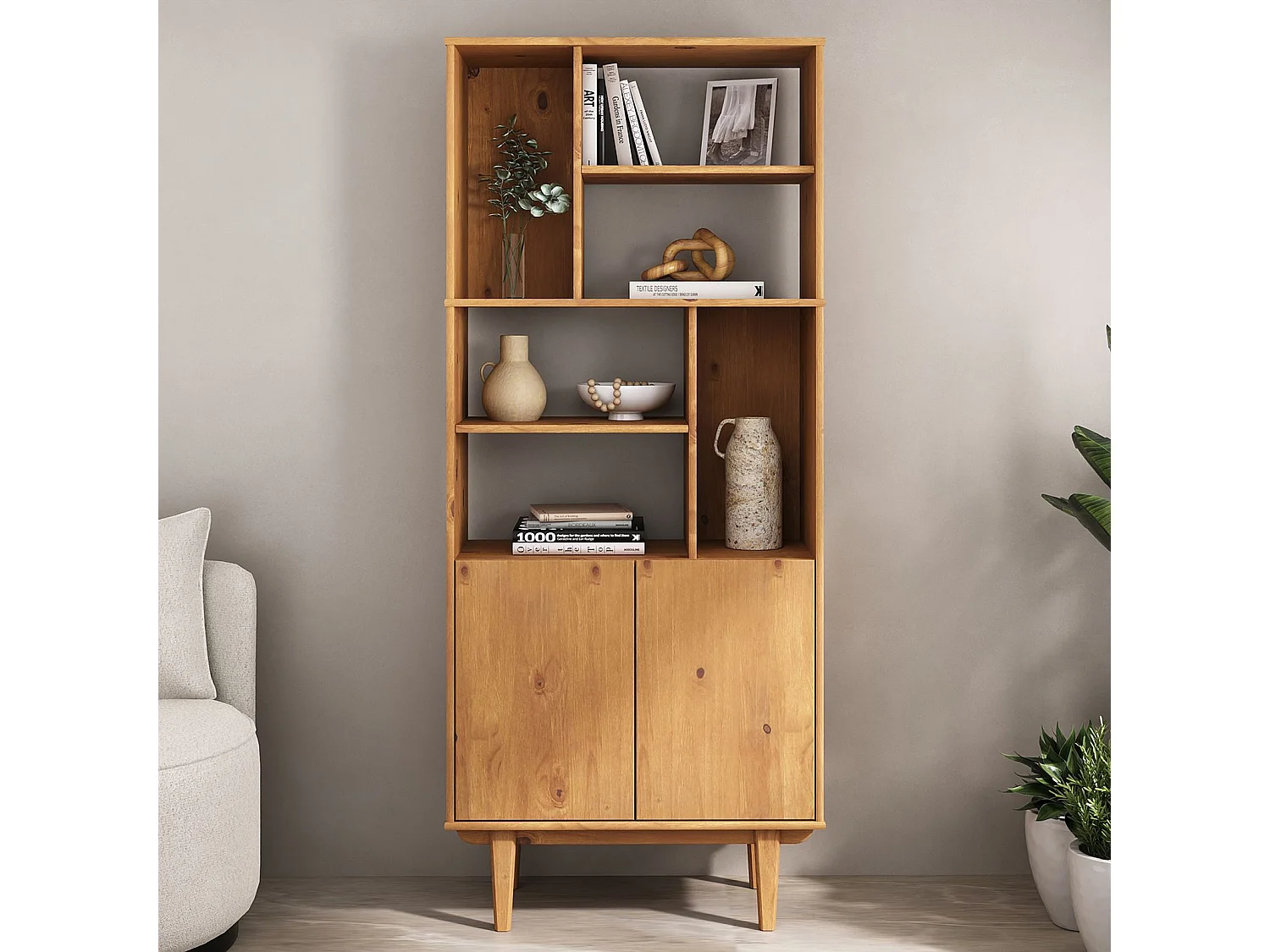 Buffet haut SIMONA 80x188 cm en bois massif coloris chêne avec 2 Portes 6 Étagères, Vaisselier en hauteur