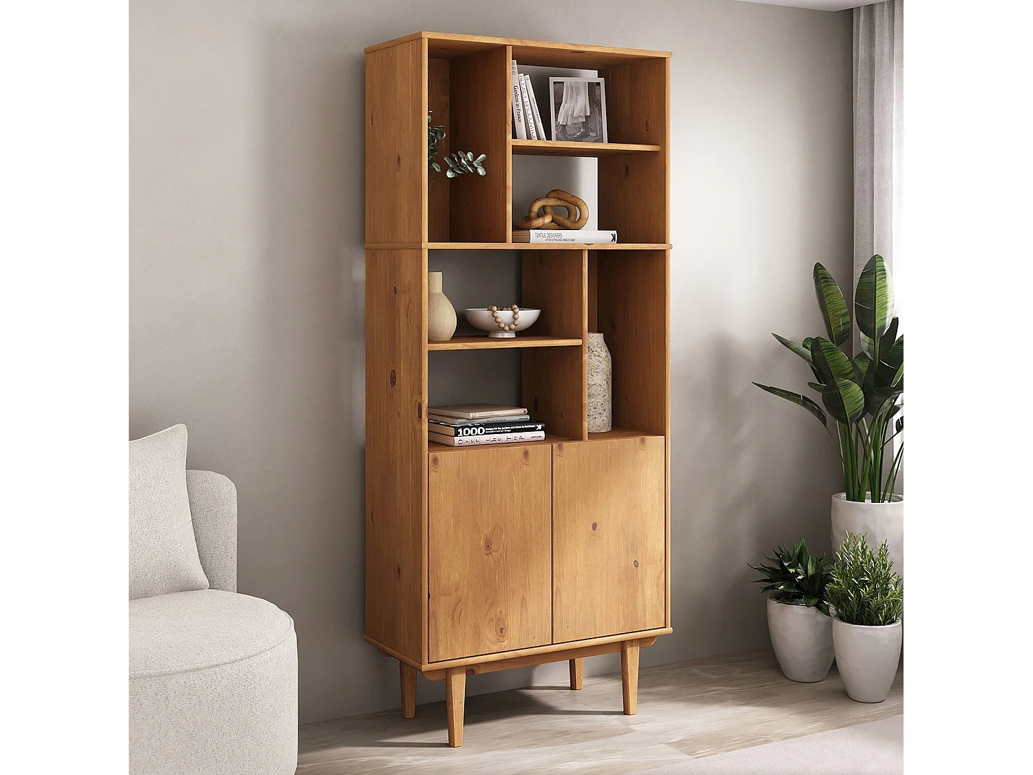 Buffet haut SIMONA 80x188 cm en bois massif coloris chêne avec 2 Portes 6 Étagères, Vaisselier en hauteur