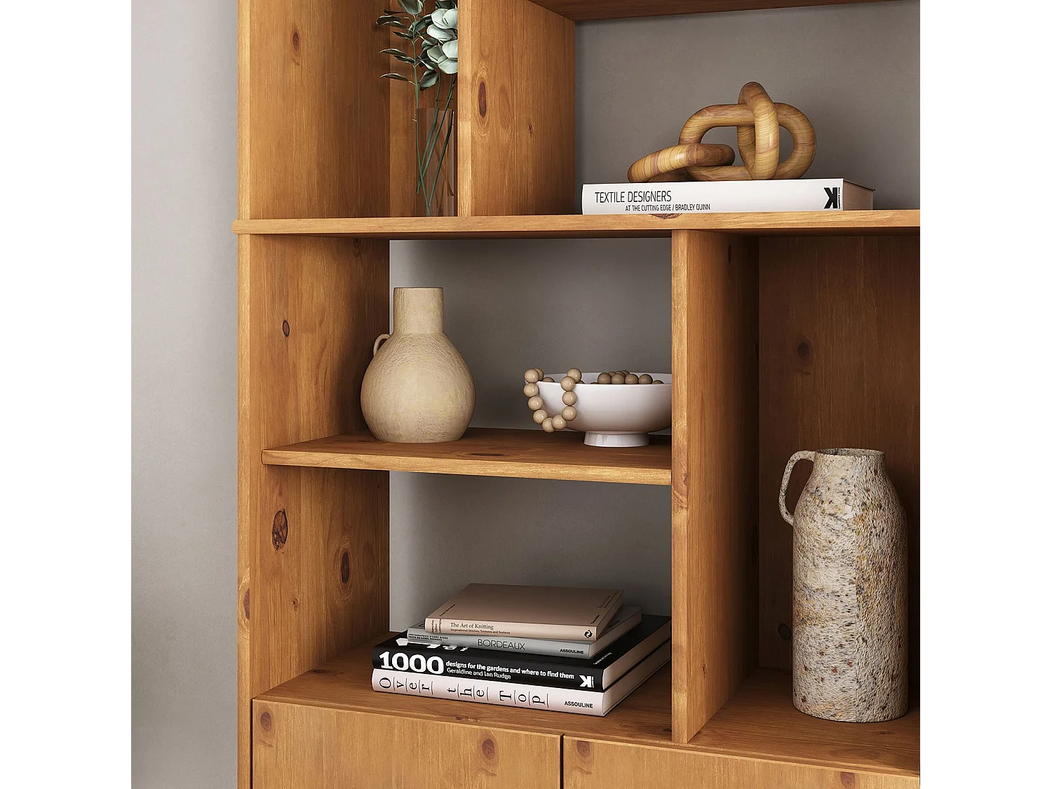 Buffet haut SIMONA 80x188 cm en bois massif coloris chêne avec 2 Portes 6 Étagères, Vaisselier en hauteur