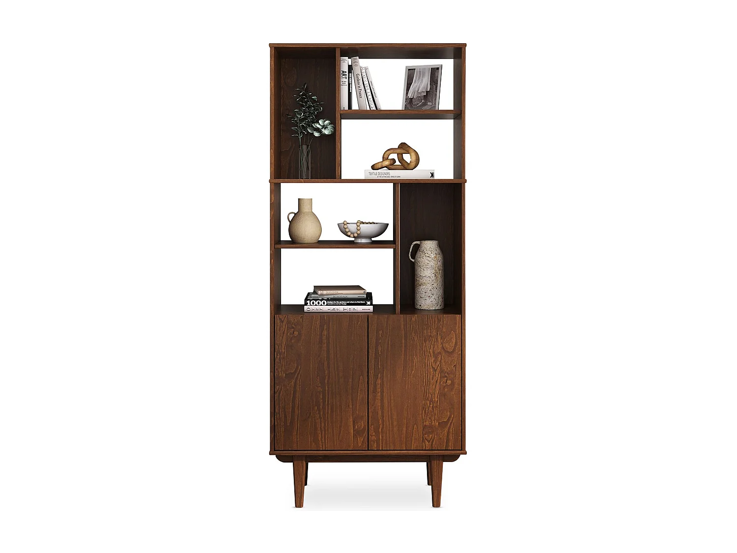 Buffet haut SIMONA 80x188 cm en bois massif coloris châtaignier avec 2 Portes 6 Étagères, Vaisselier en hauteur