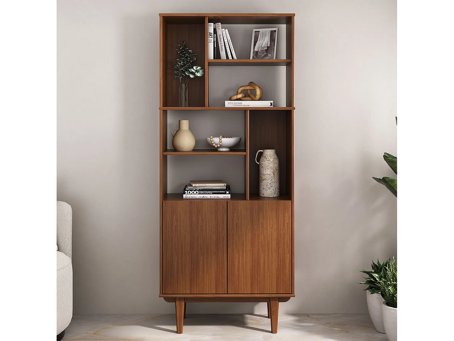 Buffet haut SIMONA 80x188 cm en bois massif coloris châtaignier avec 2 Portes 6 Étagères, Vaisselier en hauteur