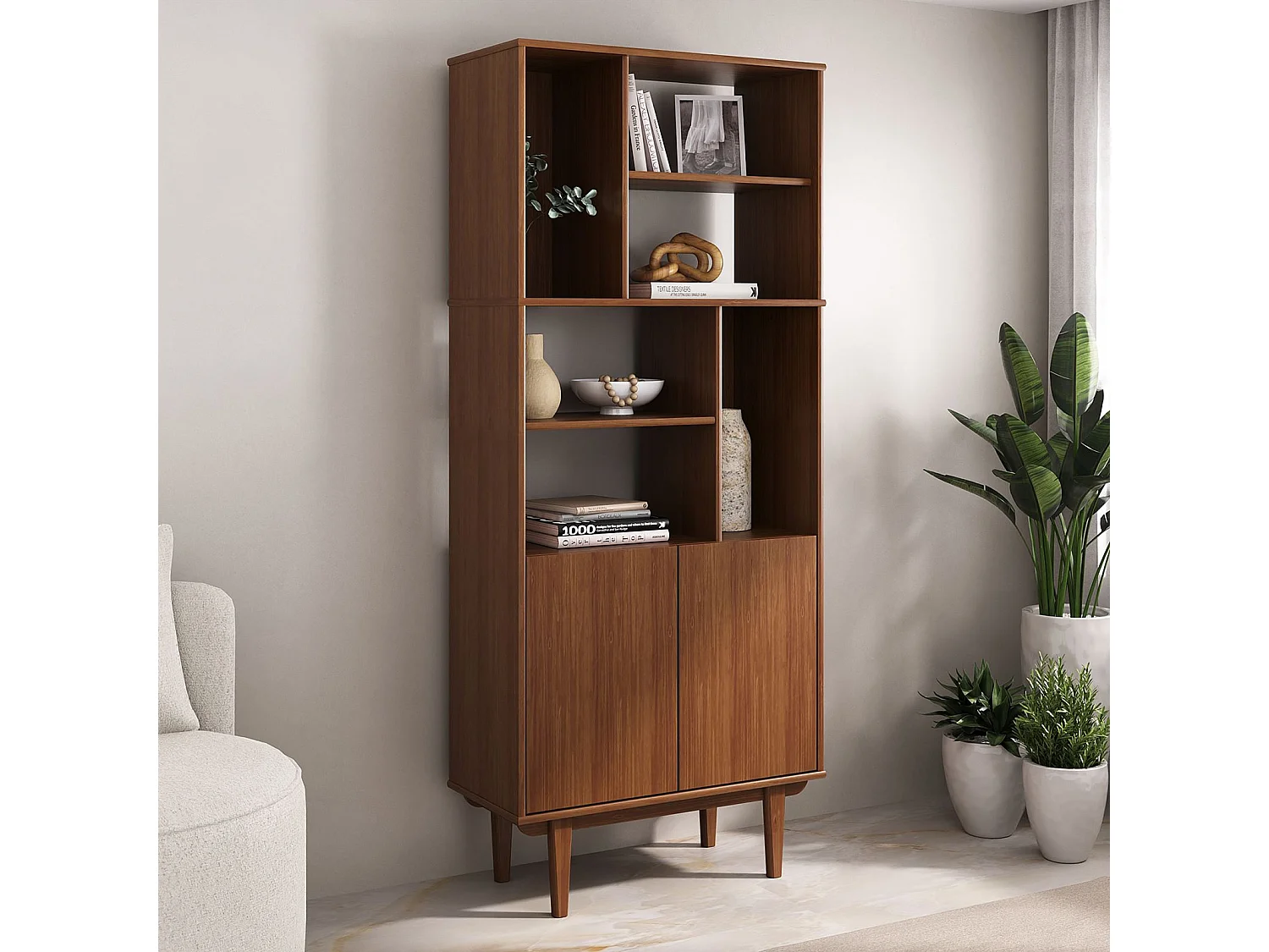 Buffet haut SIMONA 80x188 cm en bois massif coloris châtaignier avec 2 Portes 6 Étagères, Vaisselier en hauteur