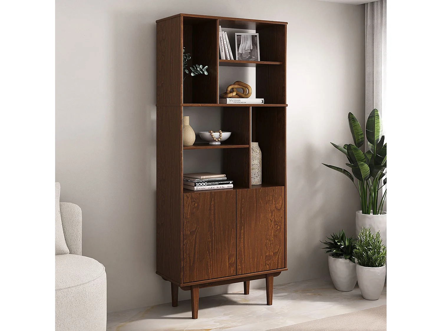 Buffet haut SIMONA 80x188 cm en bois massif coloris châtaignier avec 2 Portes 6 Étagères, Vaisselier en hauteur