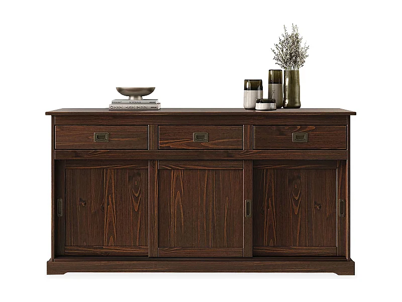 Buffet salle à manger SAVONA L 160 cm en bois massif coloris noyer 3 portes coulissantes et tiroirs meuble