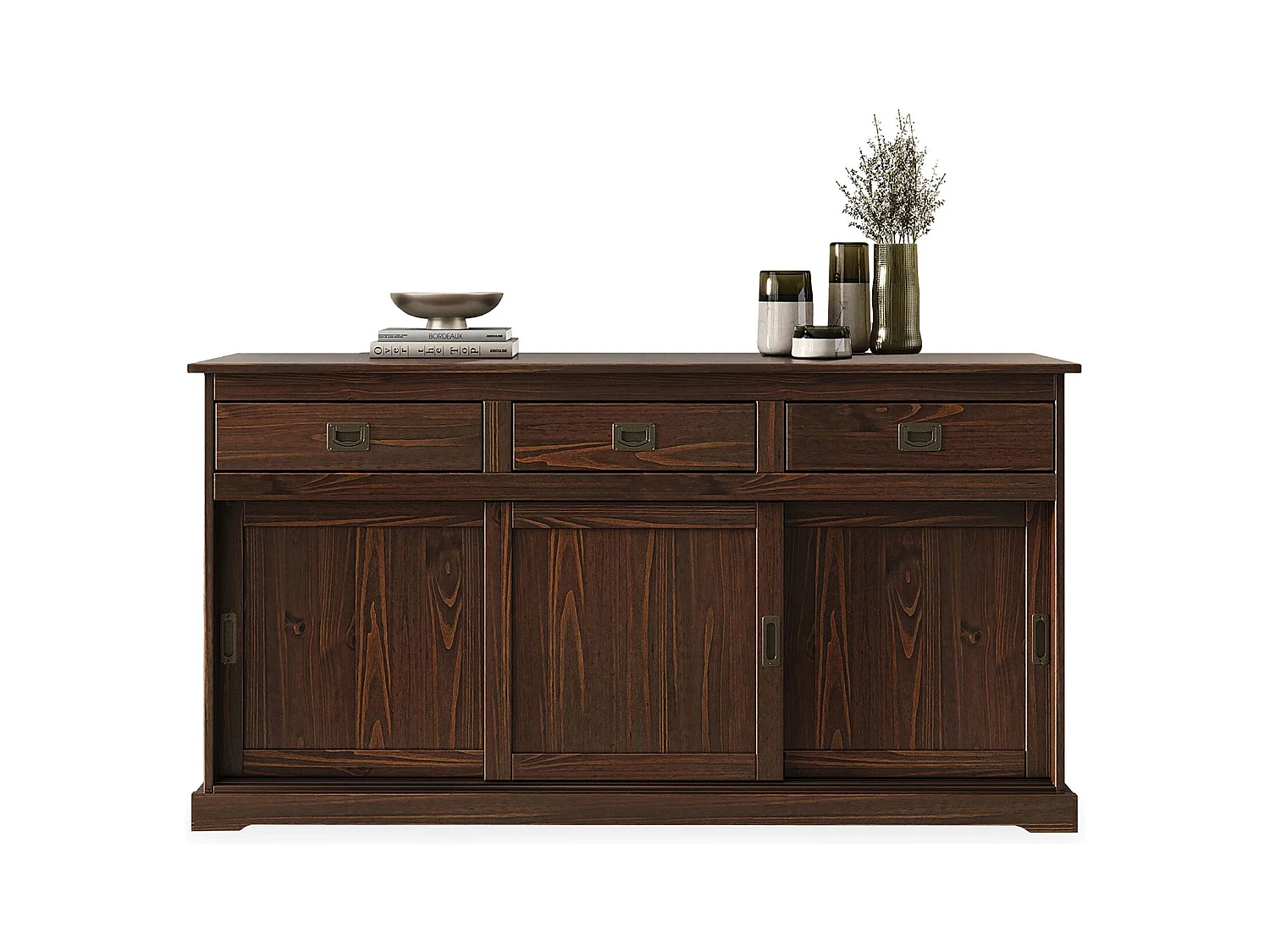 Buffet salle à manger SAVONA L 160 cm en bois massif coloris noyer 3 portes coulissantes et tiroirs meuble