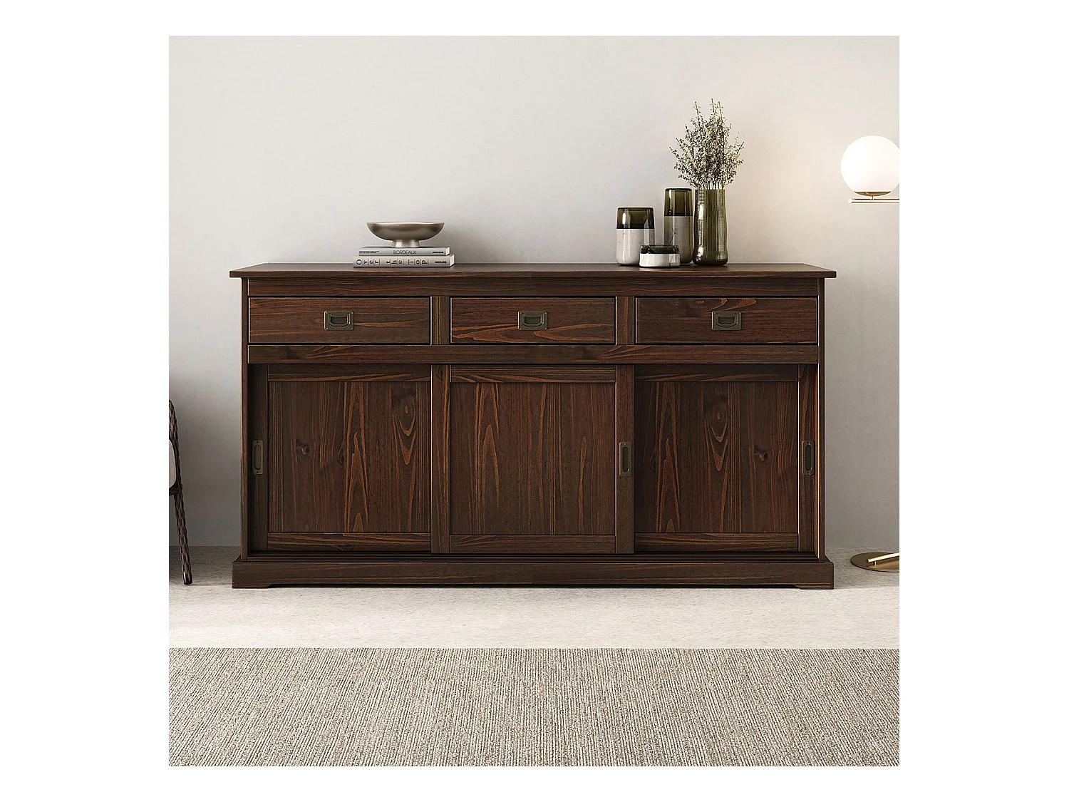 Buffet salle à manger SAVONA L 160 cm en bois massif coloris noyer 3 portes coulissantes et tiroirs meuble