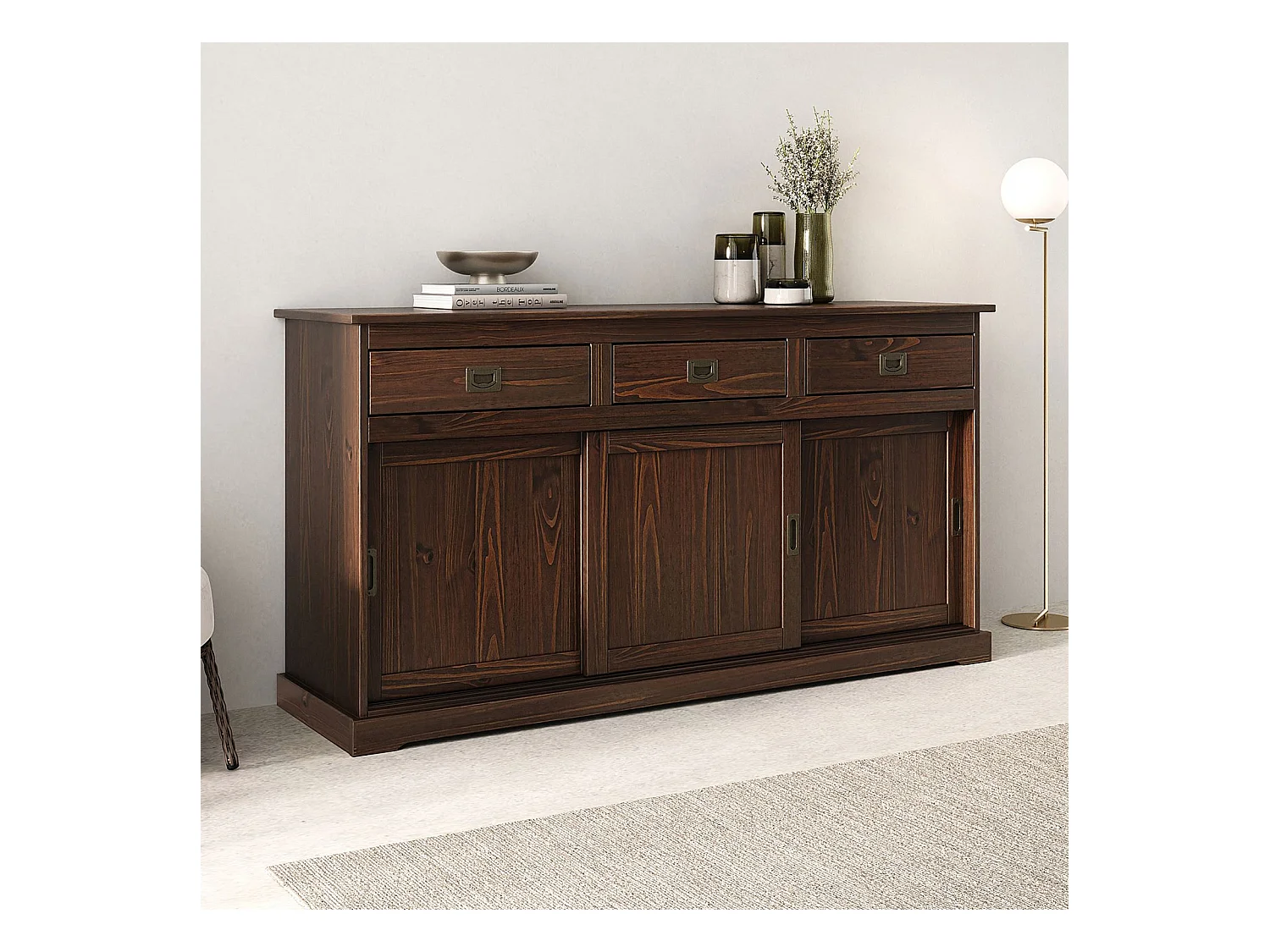 Buffet salle à manger SAVONA L 160 cm en bois massif coloris noyer 3 portes coulissantes et tiroirs meuble