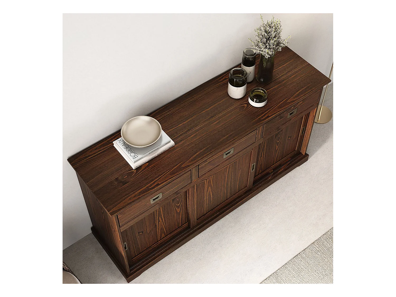 Buffet salle à manger SAVONA L 160 cm en bois massif coloris noyer 3 portes coulissantes et tiroirs meuble