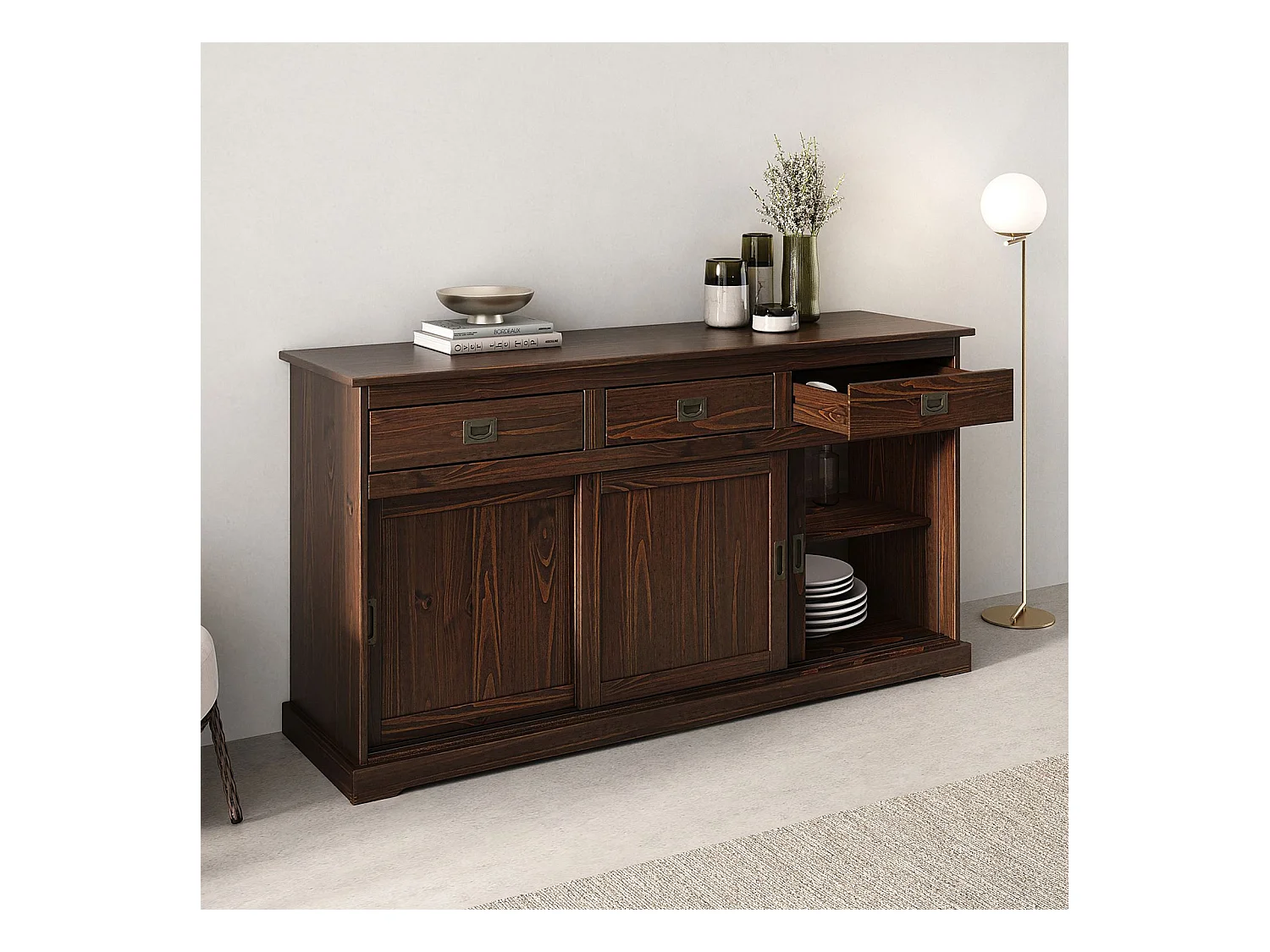 Buffet salle à manger SAVONA L 160 cm en bois massif coloris noyer 3 portes coulissantes et tiroirs meuble