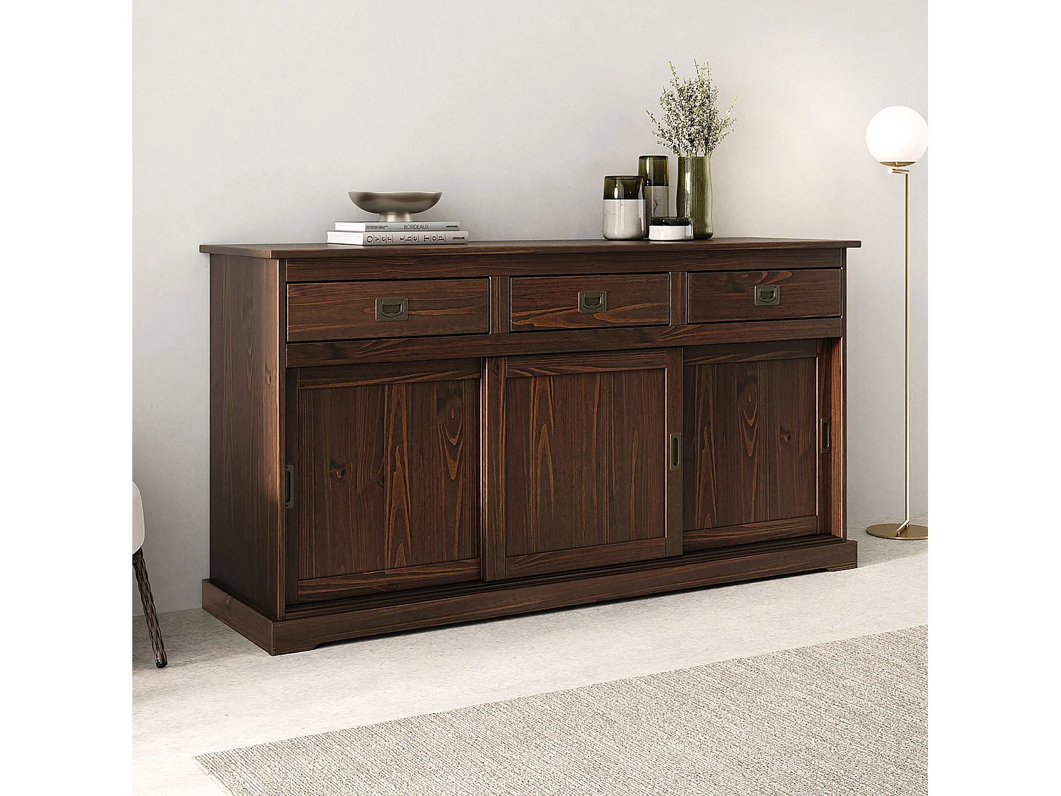 Buffet salle à manger SAVONA L 160 cm en bois massif coloris noyer 3 portes coulissantes et tiroirs meuble