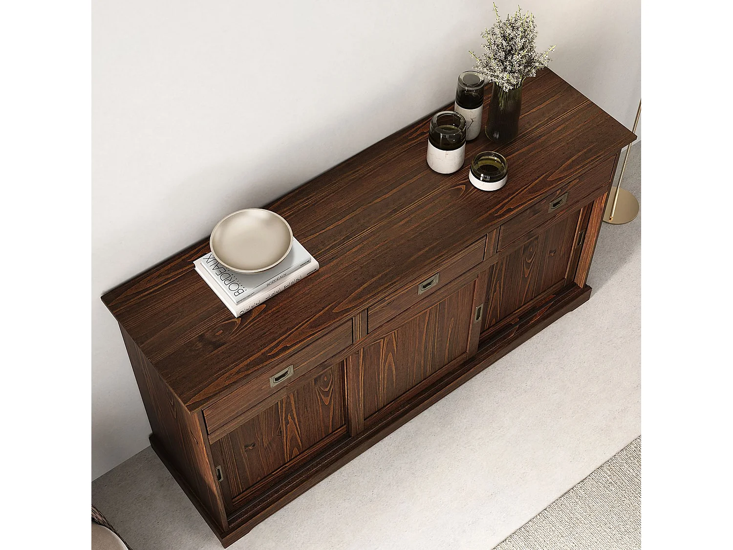 Buffet salle à manger SAVONA L 160 cm en bois massif coloris noyer 3 portes coulissantes et tiroirs meuble