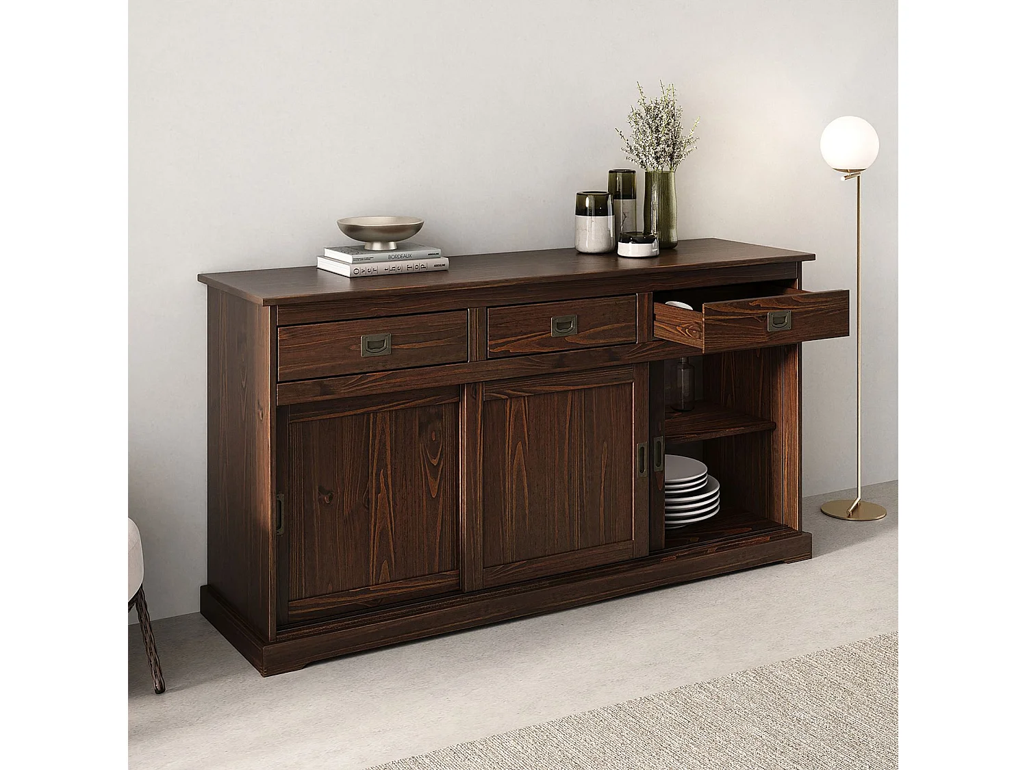 Buffet salle à manger SAVONA L 160 cm en bois massif coloris noyer 3 portes coulissantes et tiroirs meuble