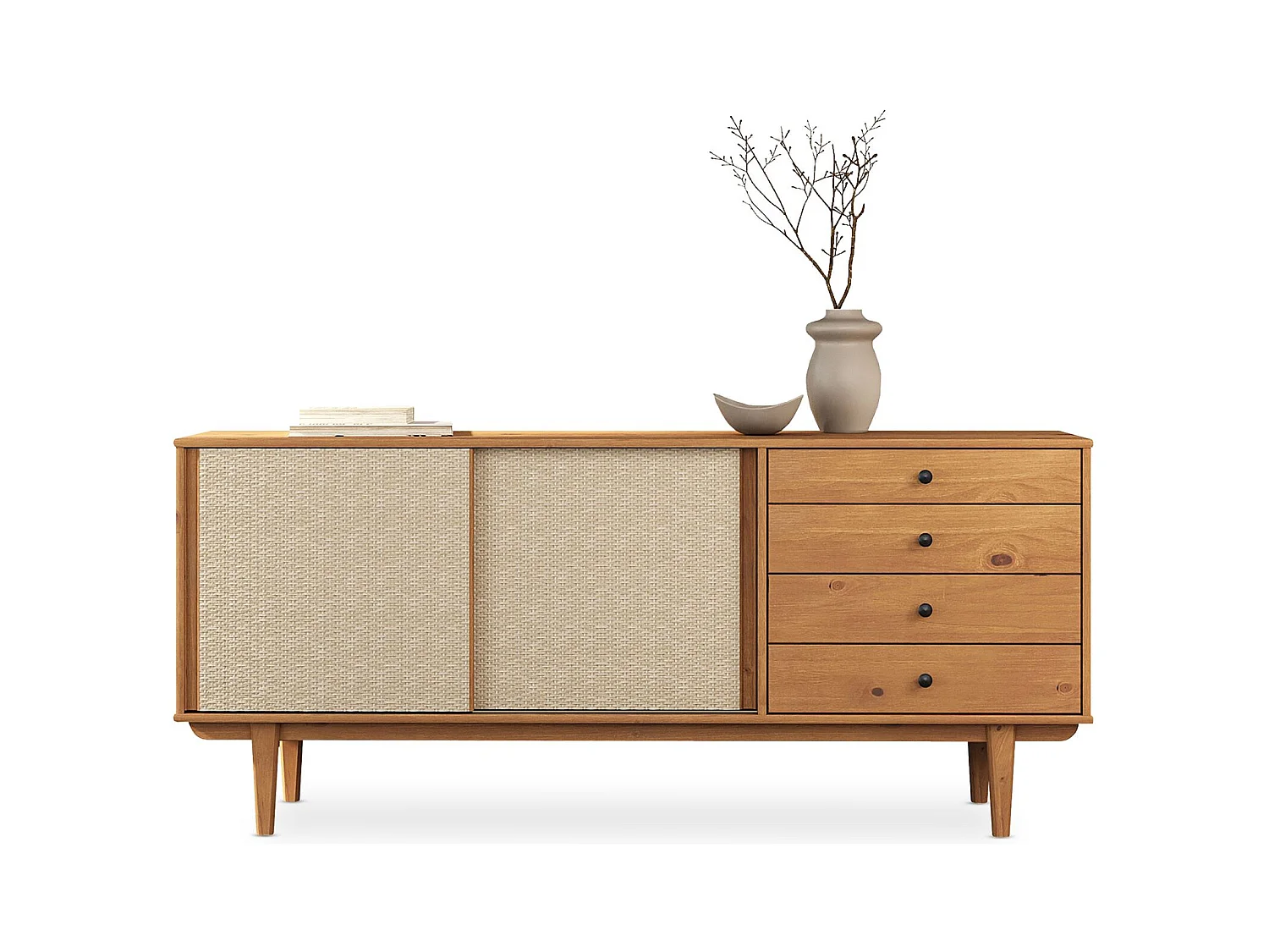 Buffet en bois SIMONA L 175 cm coloris chêne avec 4 Tiroirs 2 Portes Coulissantes, pour Salon ou Salle à manger