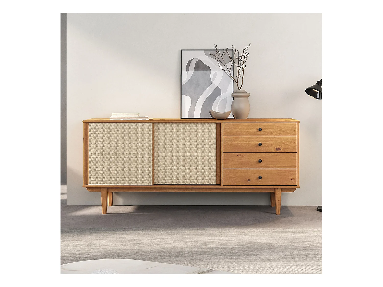 Buffet en bois SIMONA L 175 cm coloris chêne avec 4 Tiroirs 2 Portes Coulissantes, pour Salon ou Salle à manger