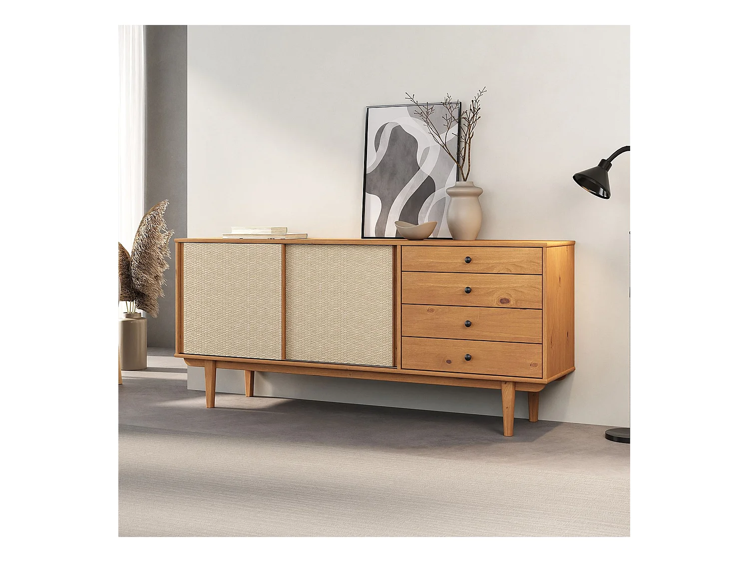 Buffet en bois SIMONA L 175 cm coloris chêne avec 4 Tiroirs 2 Portes Coulissantes, pour Salon ou Salle à manger