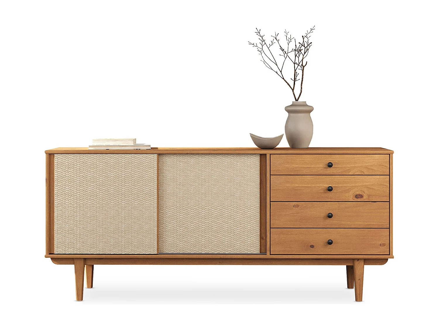 Buffet en bois SIMONA L 175 cm coloris chêne avec 4 Tiroirs 2 Portes Coulissantes, pour Salon ou Salle à manger