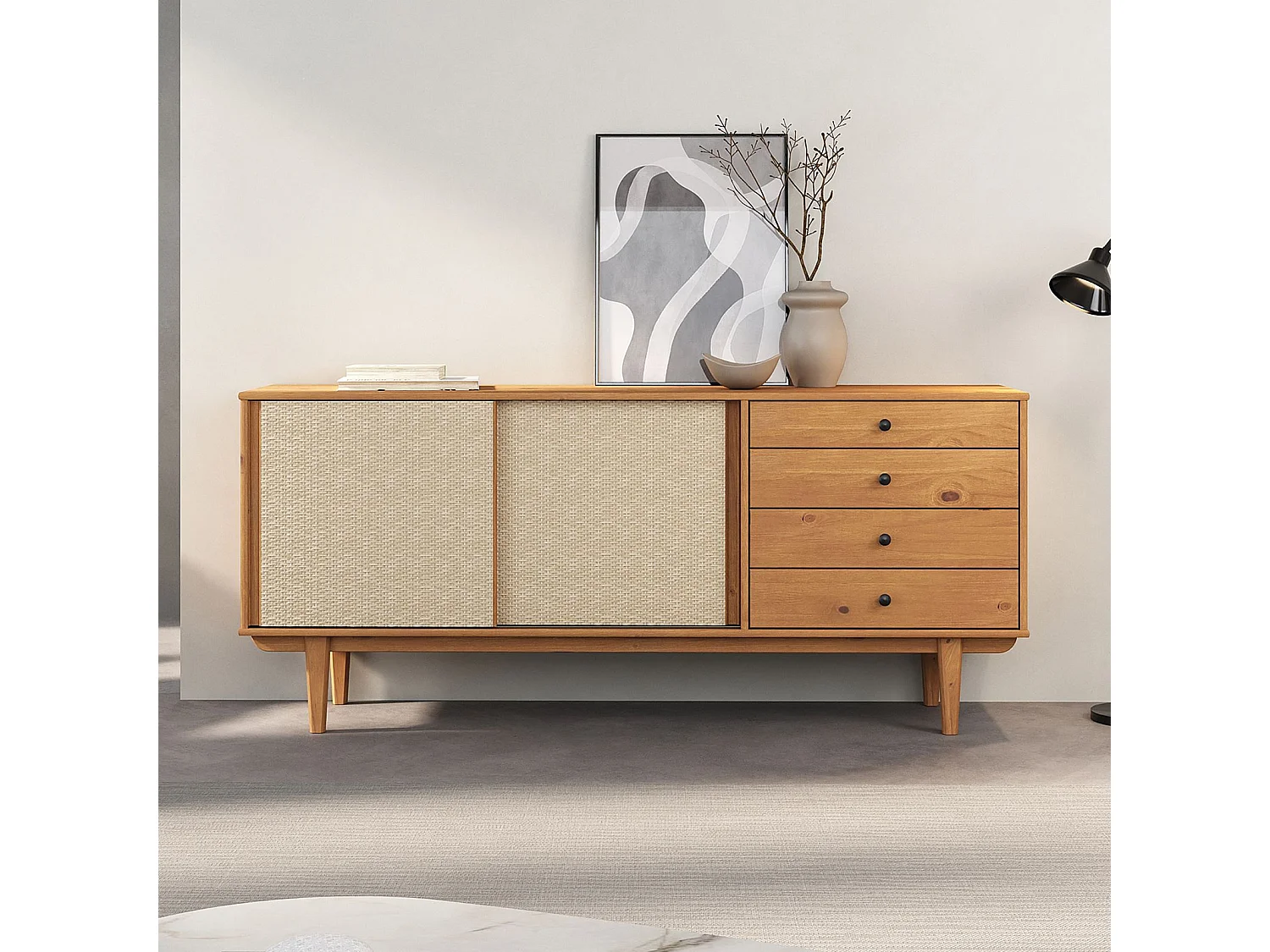 Buffet en bois SIMONA L 175 cm coloris chêne avec 4 Tiroirs 2 Portes Coulissantes, pour Salon ou Salle à manger