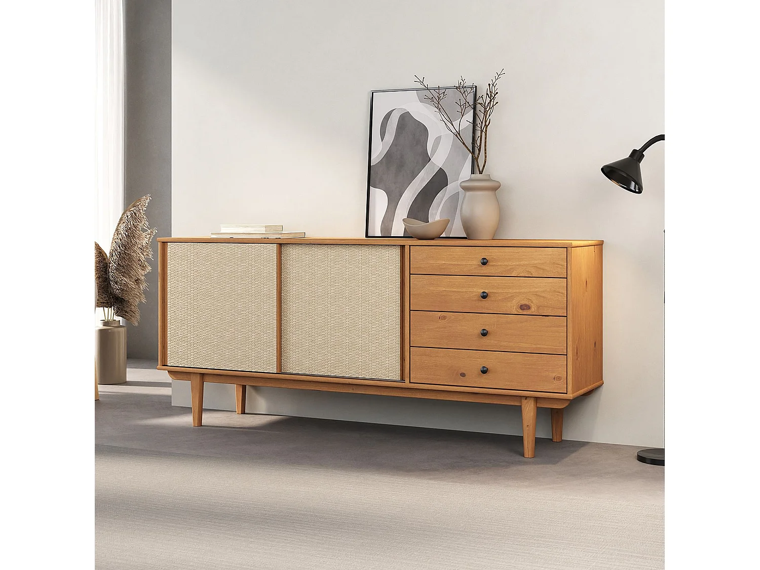 Buffet en bois SIMONA L 175 cm coloris chêne avec 4 Tiroirs 2 Portes Coulissantes, pour Salon ou Salle à manger