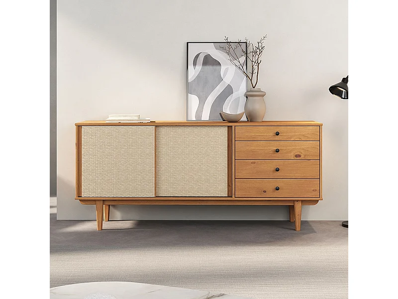 Buffet en bois SIMONA L 175 cm coloris chêne avec 4 Tiroirs 2 Portes Coulissantes, pour Salon ou Salle à manger