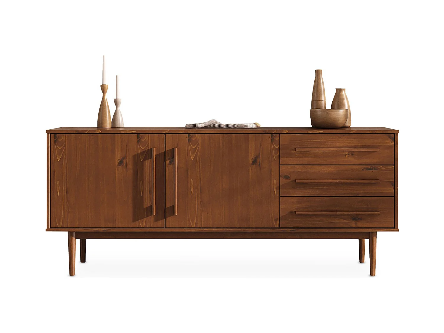 Buffet TECCA L 170 cm 2 Portes 3 Tiroirs en Bois Massif Coloris Châtaignier avec Étagères Réglables, Deux compartiments