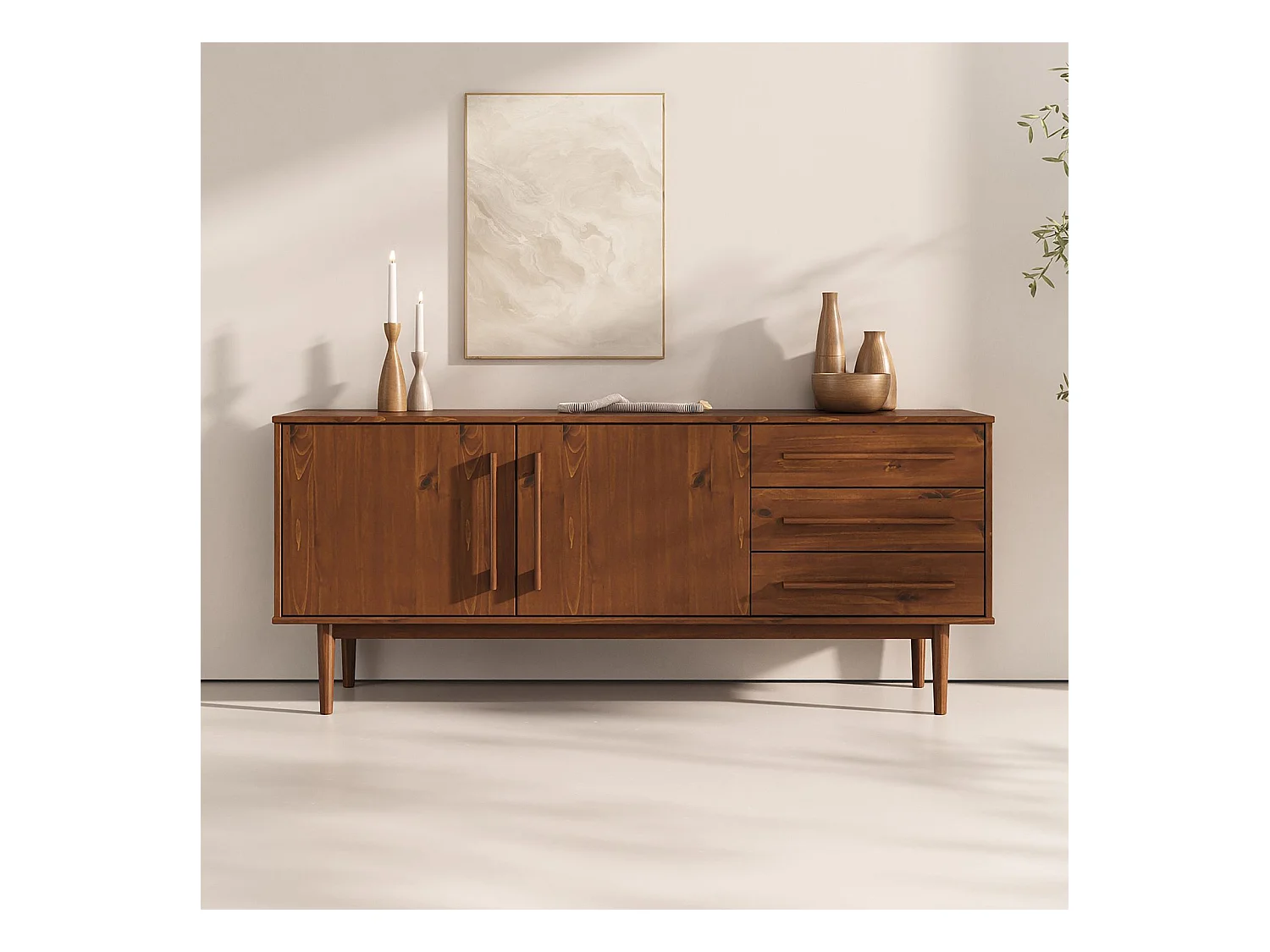 Buffet TECCA L 170 cm 2 Portes 3 Tiroirs en Bois Massif Coloris Châtaignier avec Étagères Réglables, Deux compartiments