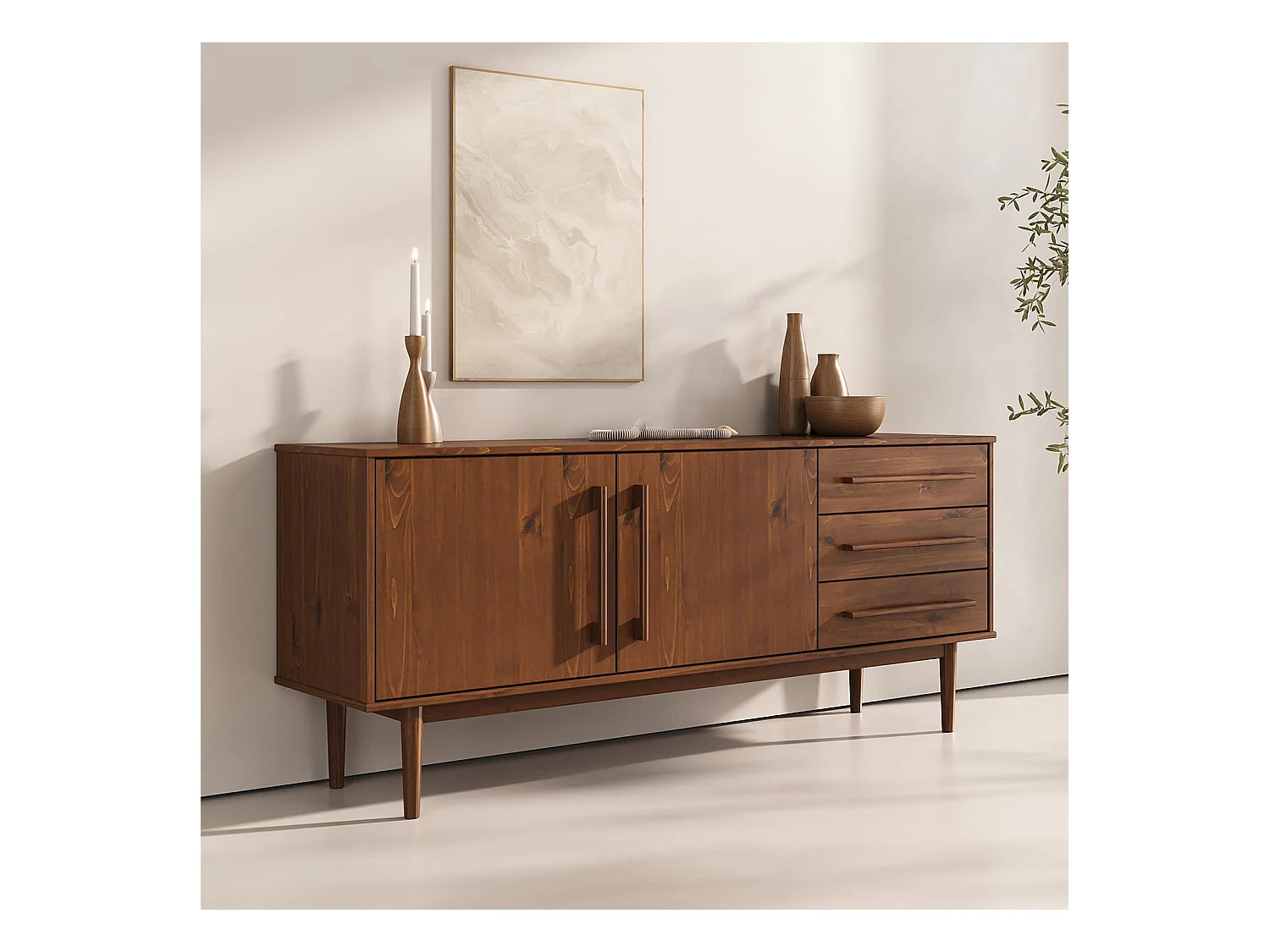Buffet TECCA L 170 cm 2 Portes 3 Tiroirs en Bois Massif Coloris Châtaignier avec Étagères Réglables, Deux compartiments