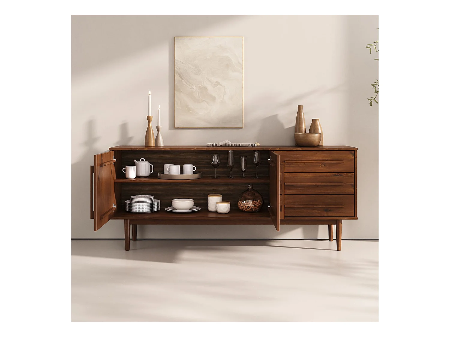 Buffet TECCA L 170 cm 2 Portes 3 Tiroirs en Bois Massif Coloris Châtaignier avec Étagères Réglables, Deux compartiments