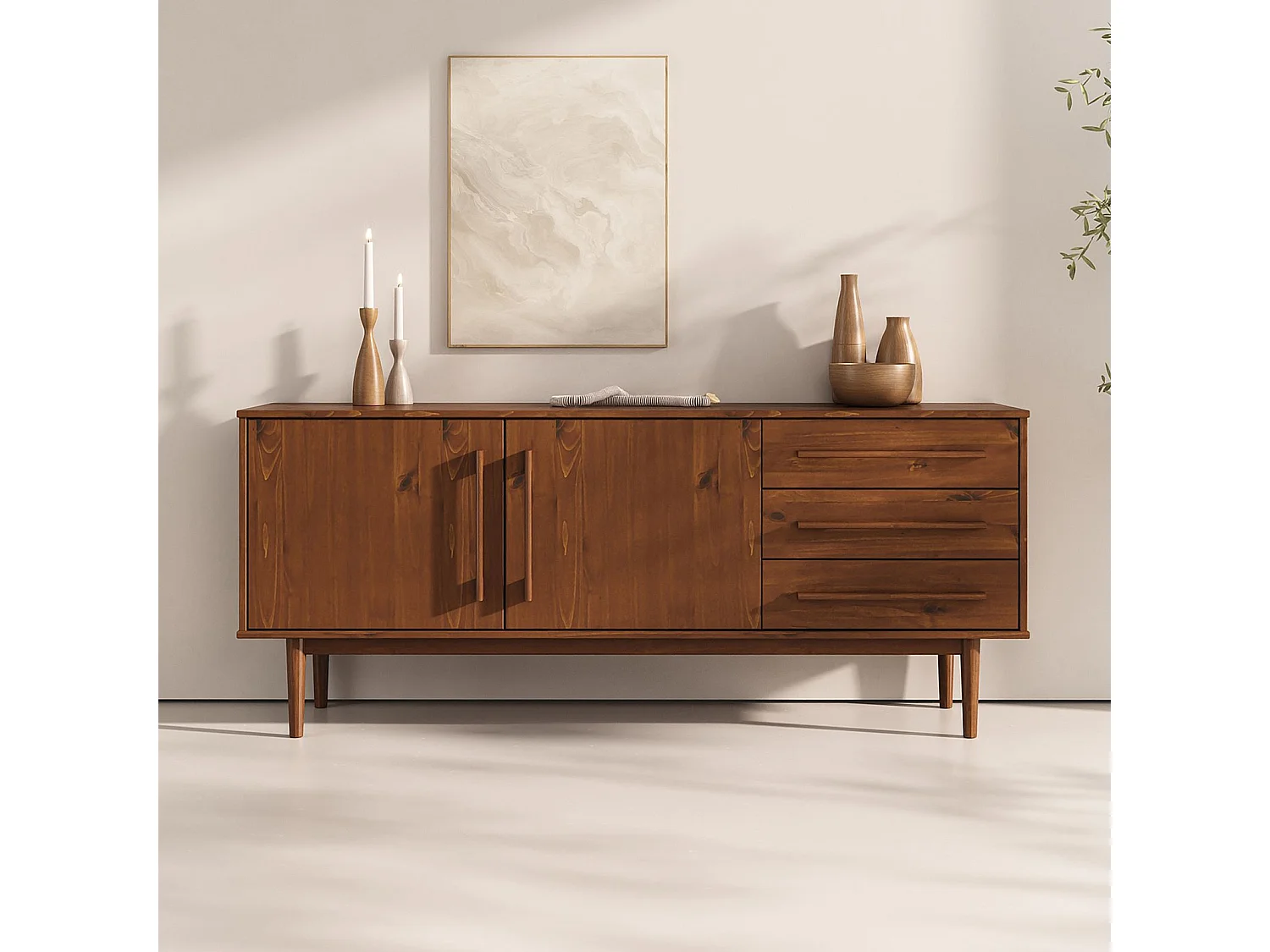 Buffet TECCA L 170 cm 2 Portes 3 Tiroirs en Bois Massif Coloris Châtaignier avec Étagères Réglables, Deux compartiments