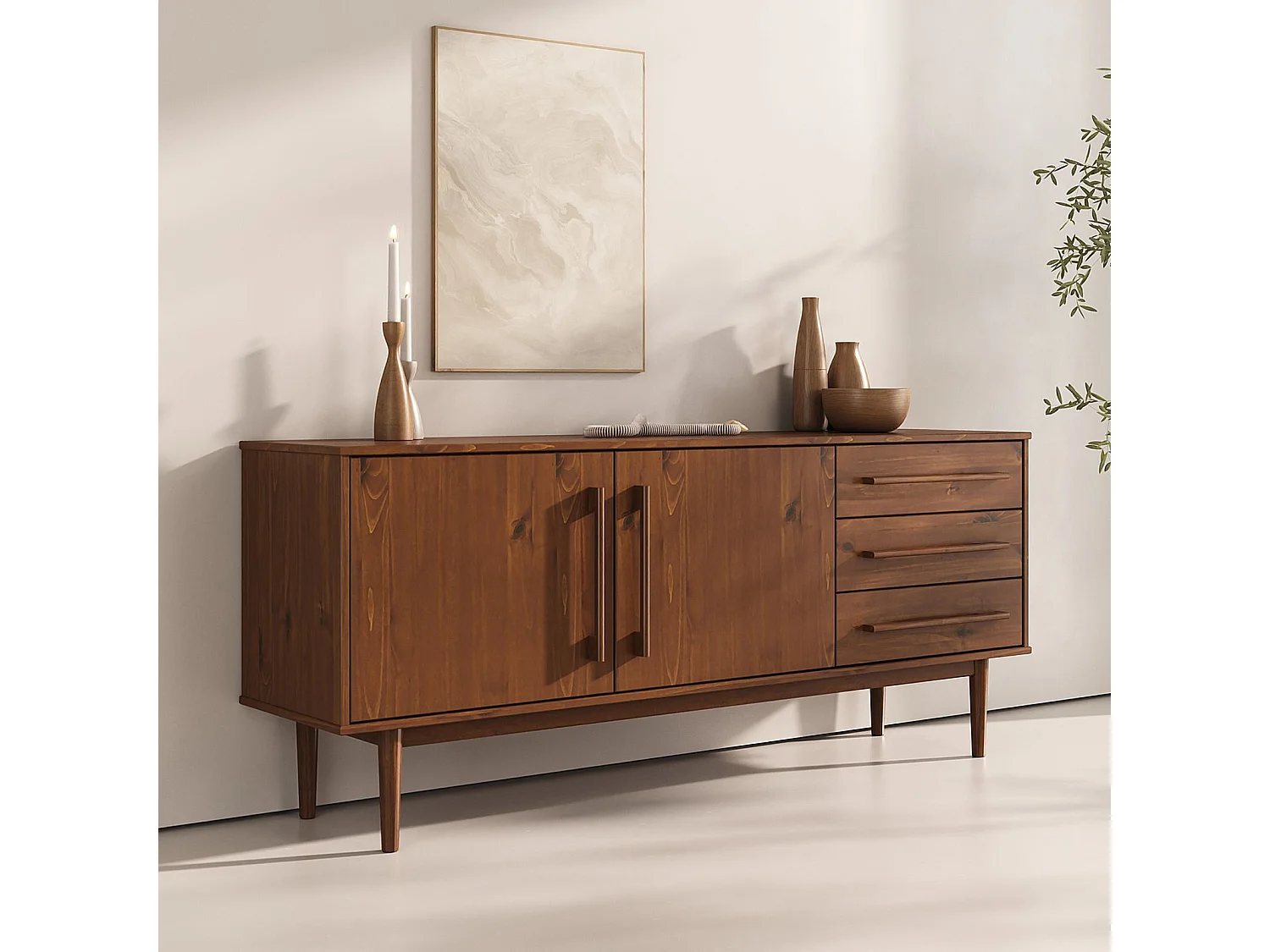 Buffet TECCA L 170 cm 2 Portes 3 Tiroirs en Bois Massif Coloris Châtaignier avec Étagères Réglables, Deux compartiments