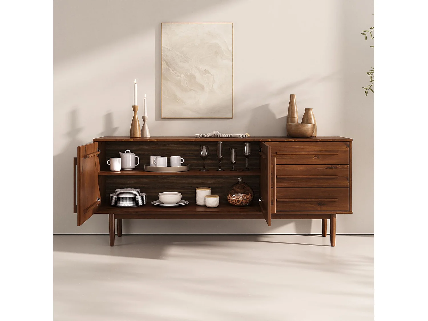Buffet TECCA L 170 cm 2 Portes 3 Tiroirs en Bois Massif Coloris Châtaignier avec Étagères Réglables, Deux compartiments