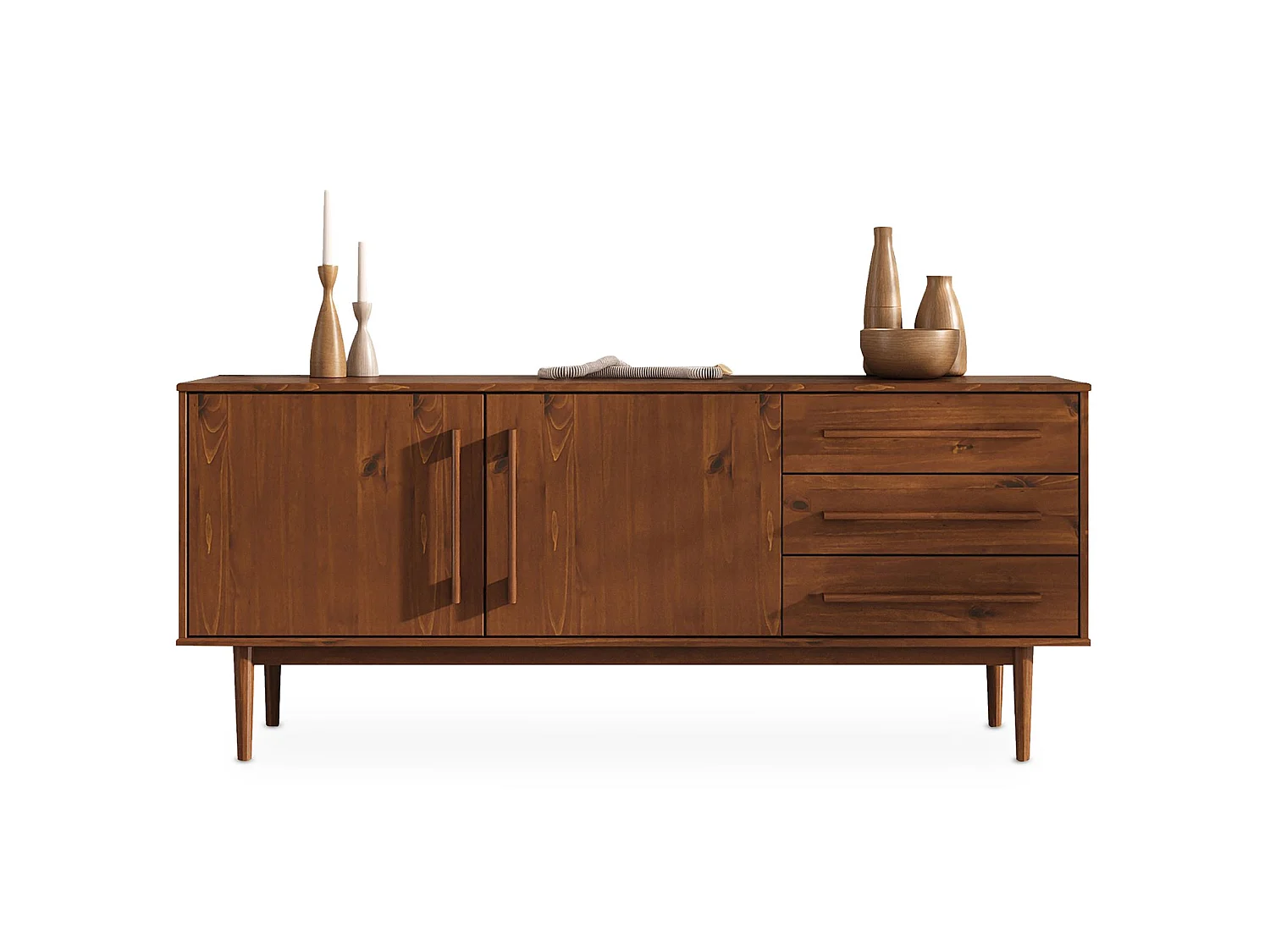 Buffet TECCA L 170 cm 2 Portes 3 Tiroirs en Bois Massif Coloris Châtaignier avec Étagères Réglables, Deux compartiments