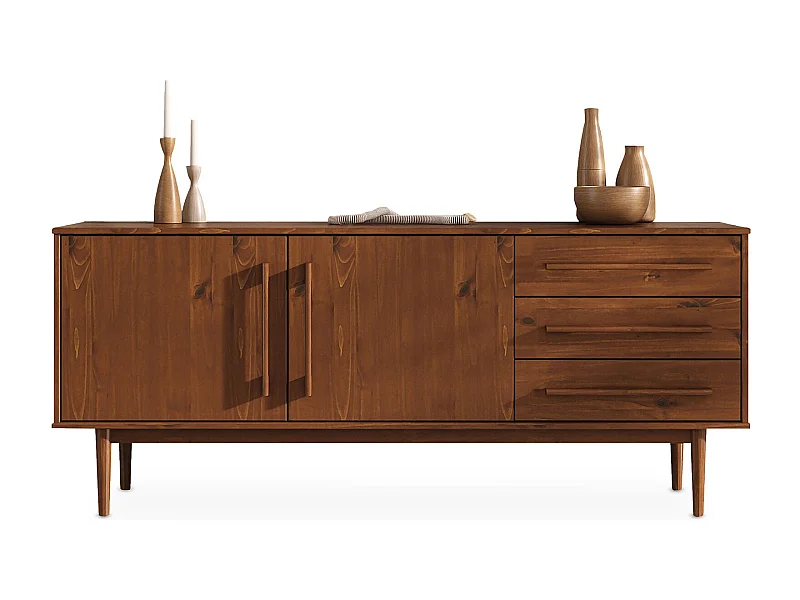 Buffet TECCA L 170 cm 2 Portes 3 Tiroirs en Bois Massif Coloris Châtaignier avec Étagères Réglables, Deux compartiments